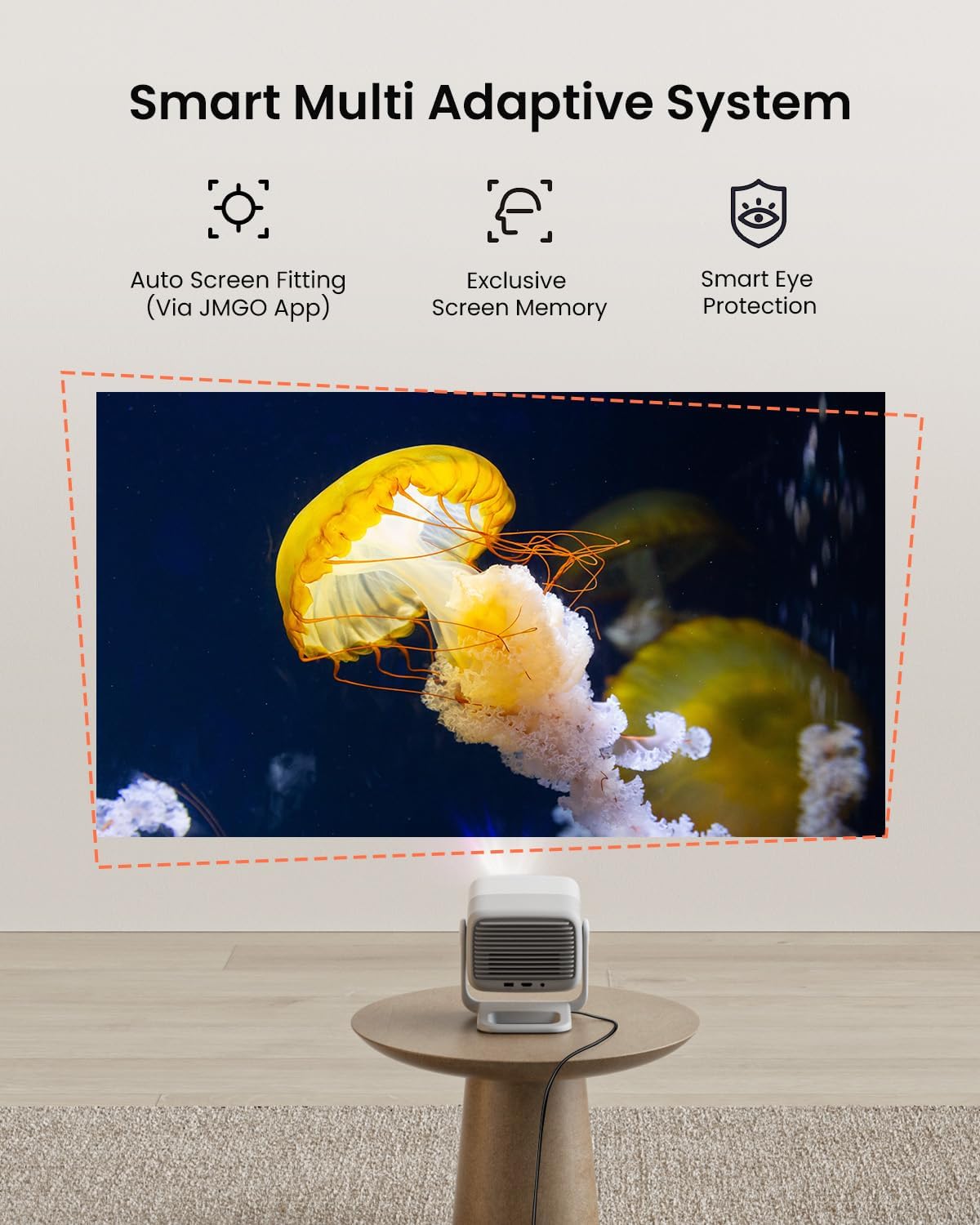 JMGO N1 Projektor, 1080P 3D Mini Full HD, przenośny projektor z potrójnym laserem 750 ISO lumenów, automatyczna korekcja obrazu z gimbalem, 2 głośniki Dynaudio 5 W, Android TV 11.0
