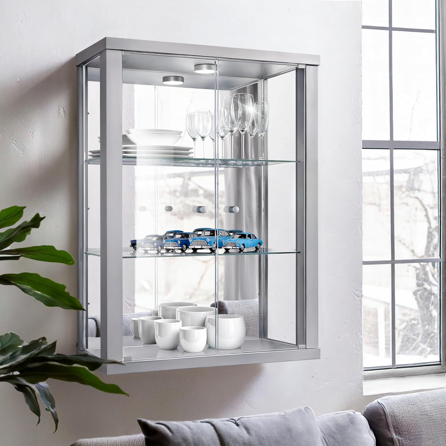 K-Möbel witryna ścienna (80x60x25cm) – Wyprodukowana w Niemczech – Wisząca witryna szklana z 2 regulowanymi półkami z ESG, lustrem i oświetleniem LED w kolorze czarnym Szafka z przeszklonymi drzwiami