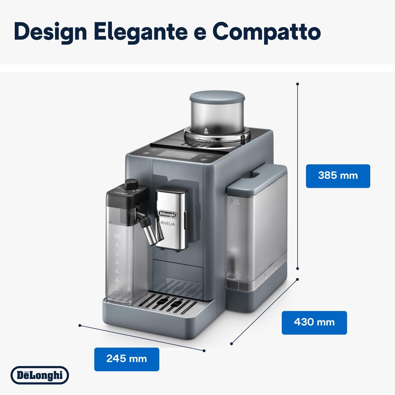 De'Longhi Rivelia EXAM440.55.G, superautomatyczny ekspres do kawy z LatteCrema Hot, automatyczny spieniacz do mleka, kompaktowy rozmiar, 16 przepisów, kolorowy ekran dotykowy, szary