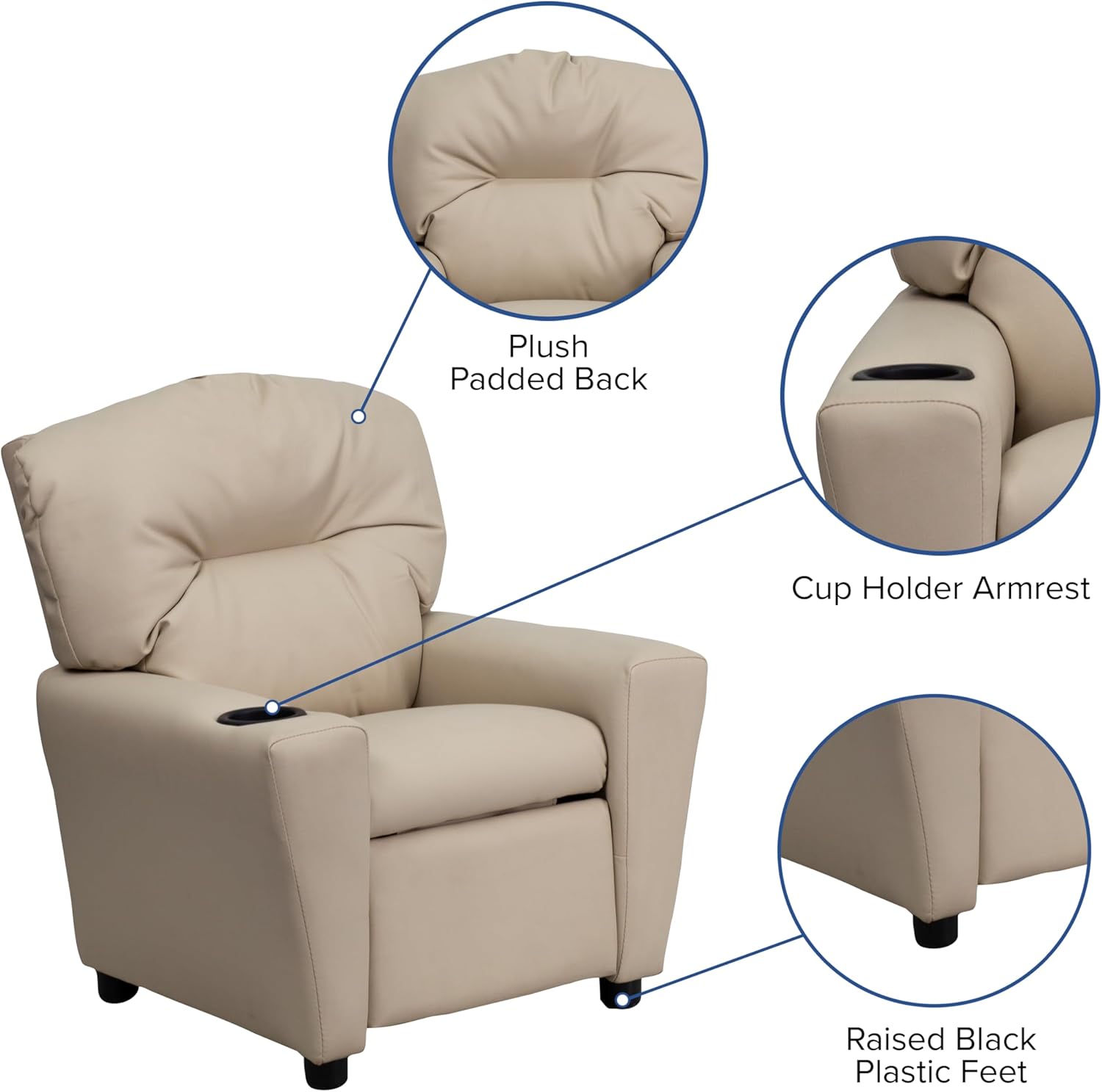 Flash Furniture Współczesny leżak dziecięcy z uchwytem na kubki, drewno, beżowy winyl, 66,04 x 53,34 x 53,34 cm