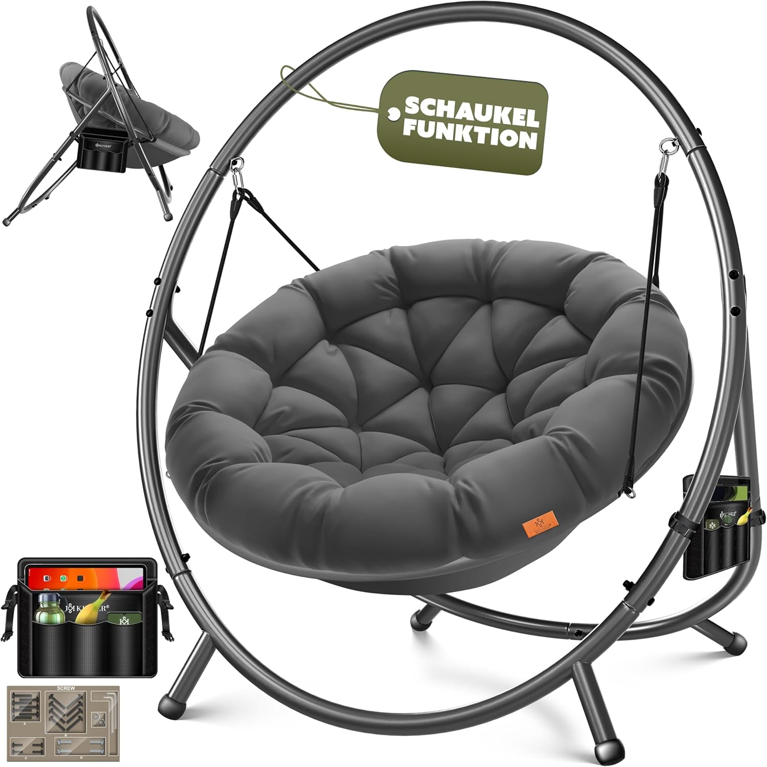 KESSER® Fotel wiszący ze stalowym stelażem, huśtawka, do 150 kg, do użytku wewnątrz i na zewnątrz, z poduszką i kieszenią boczną, kosz wiszący, piankowa poduszka, idealny do salonu i ogrodu