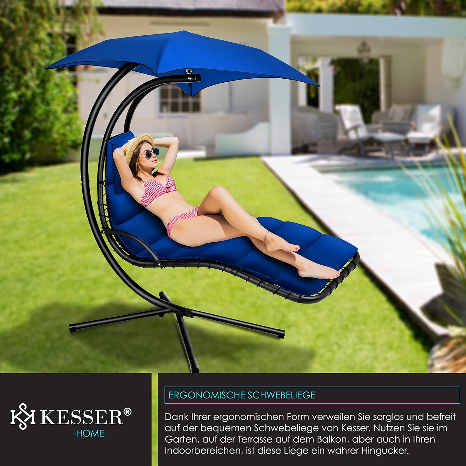 KESSER® Leżak wiszący z parasolem przeciwsłonecznym, wys. 200, dł. 194, szer. 100 cm, leżak relaksacyjny, hamak, obciążenie do 120 kg, leżanka bujana, poduszka na kark, w zestawie torba, Beżowy