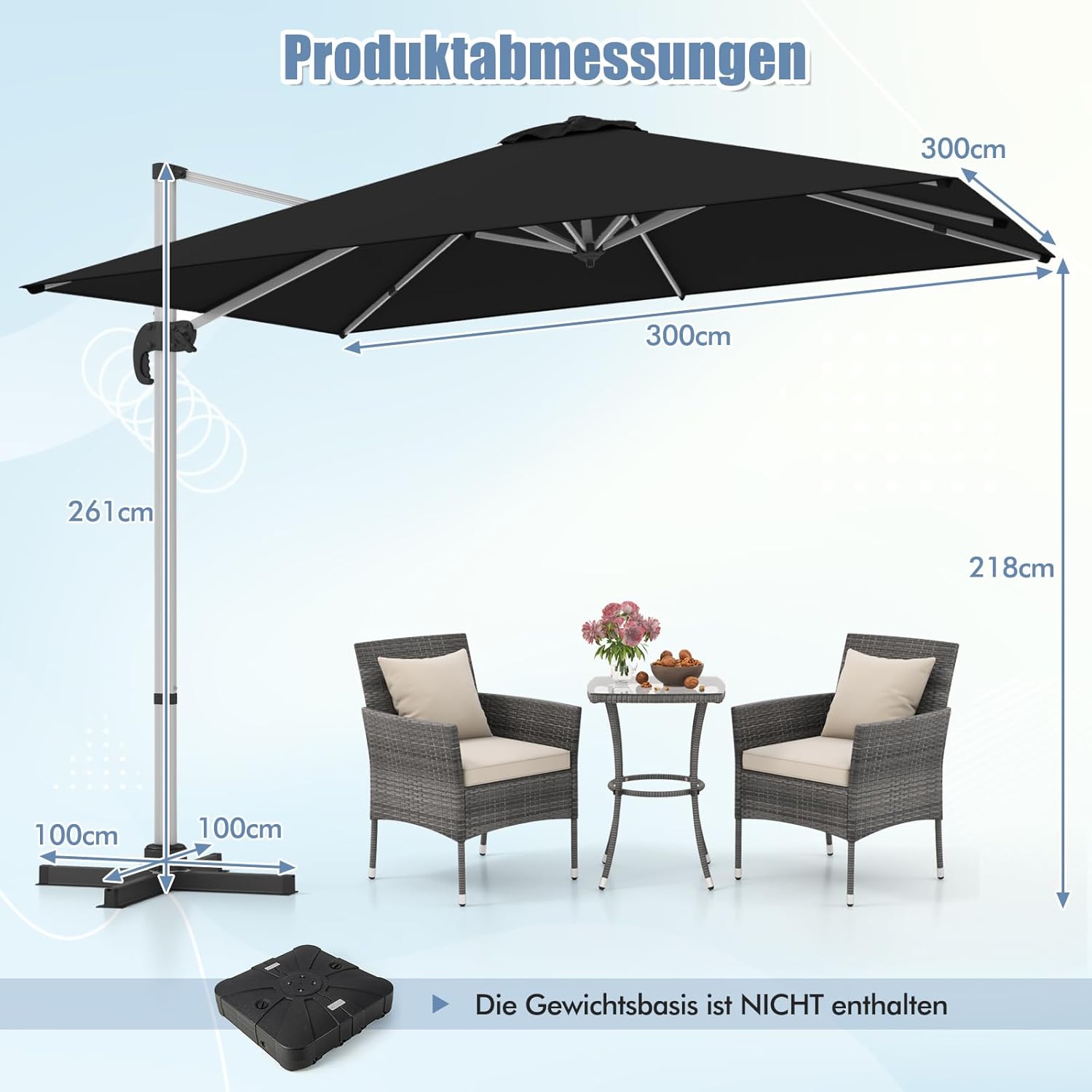 COSTWAY Parasol przeciwsłoneczny, prostokątny, 300 x 300 cm, duży parasol przeciwsłoneczny z korbą, parasol ogrodowy, odchylany o 360°, parasol tarasowy, do ogrodu, na taras, balkon (czarny)