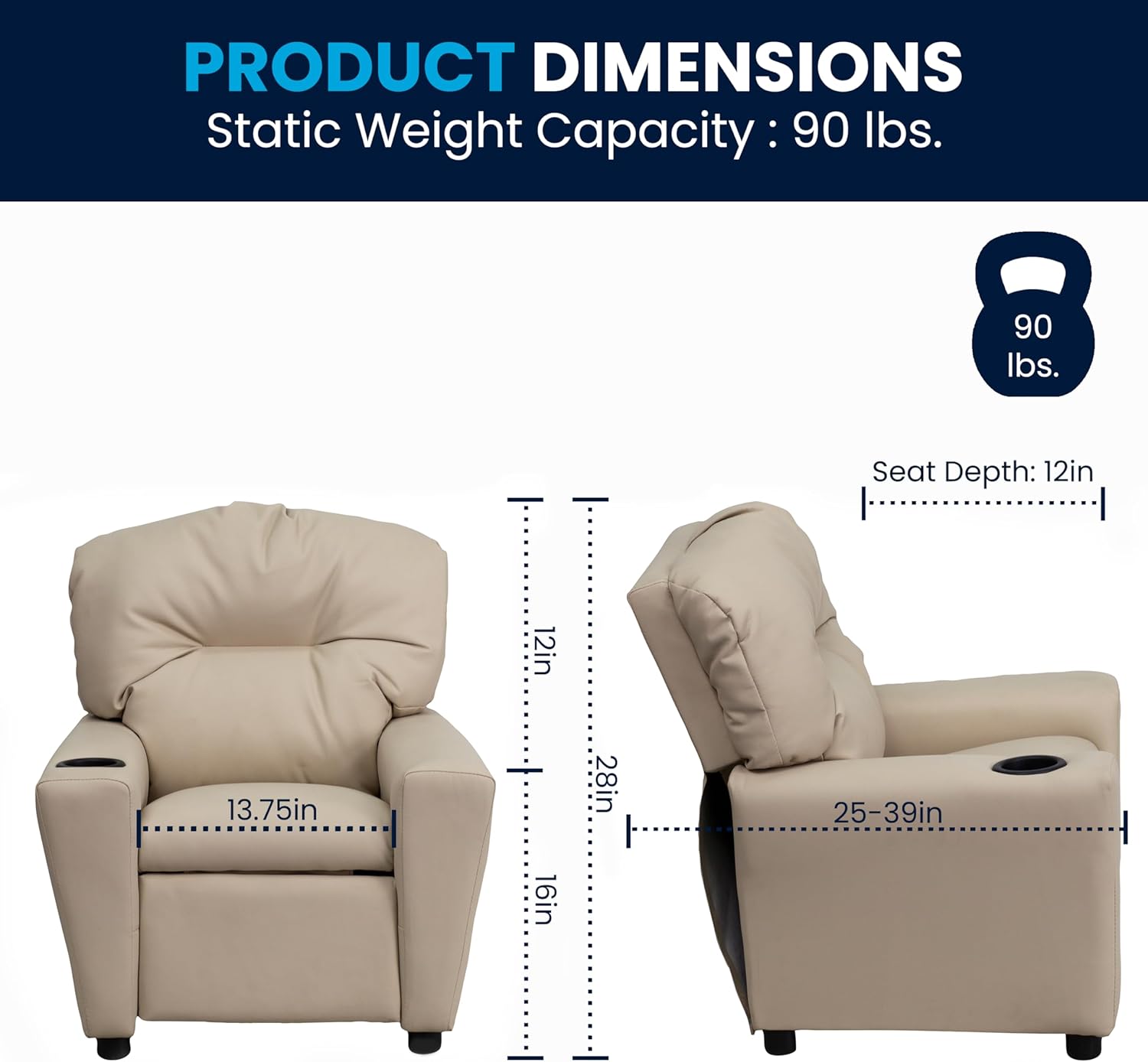 Flash Furniture Współczesny leżak dziecięcy z uchwytem na kubki, drewno, beżowy winyl, 66,04 x 53,34 x 53,34 cm