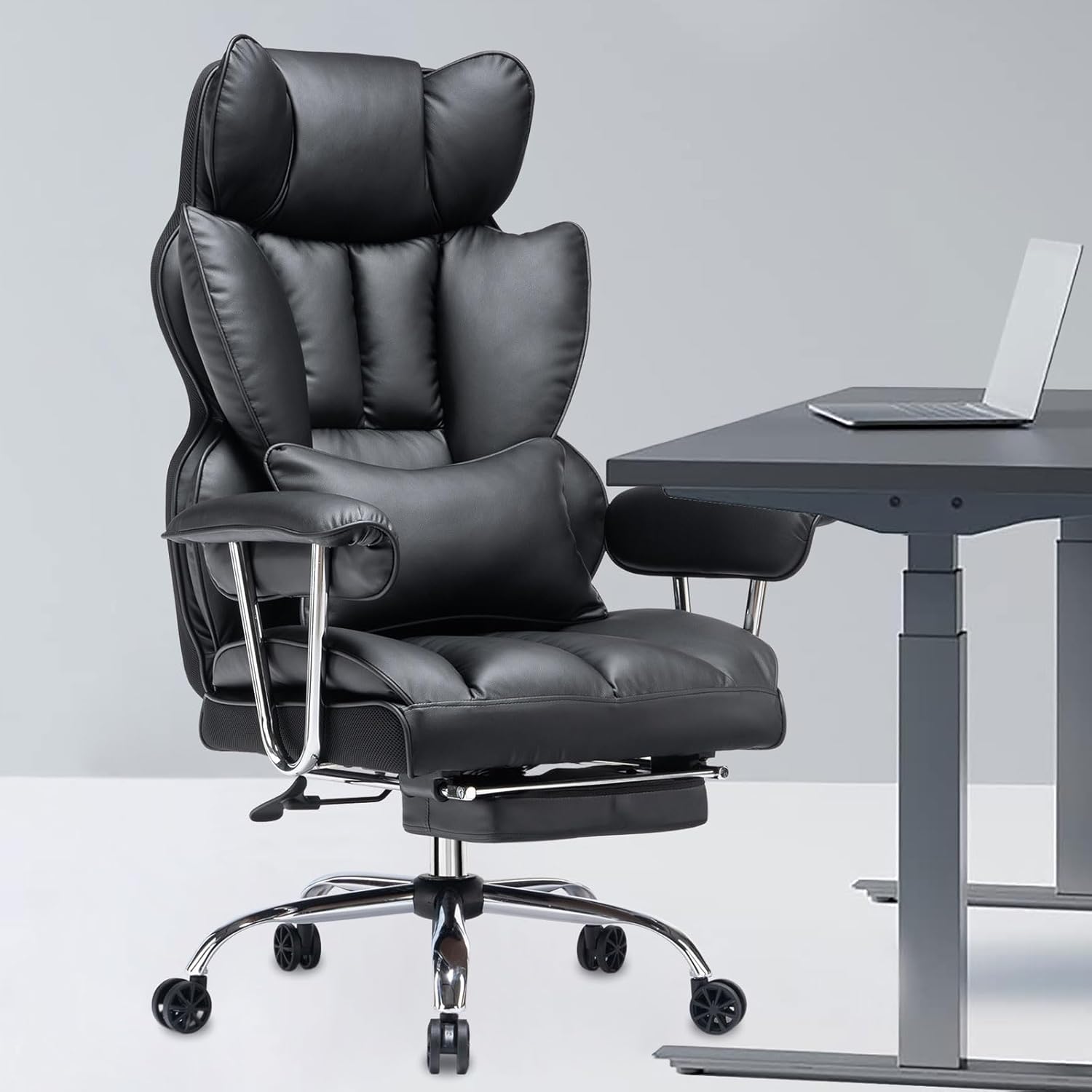 Efomao ergonomiczny fotel biurowy, krzesło kierownicze z PU skóry, fotel biurowy do 200 kg z podnóżkiem i podpórką lędźwiową, regulowane krzesło z wysokim oparciem
