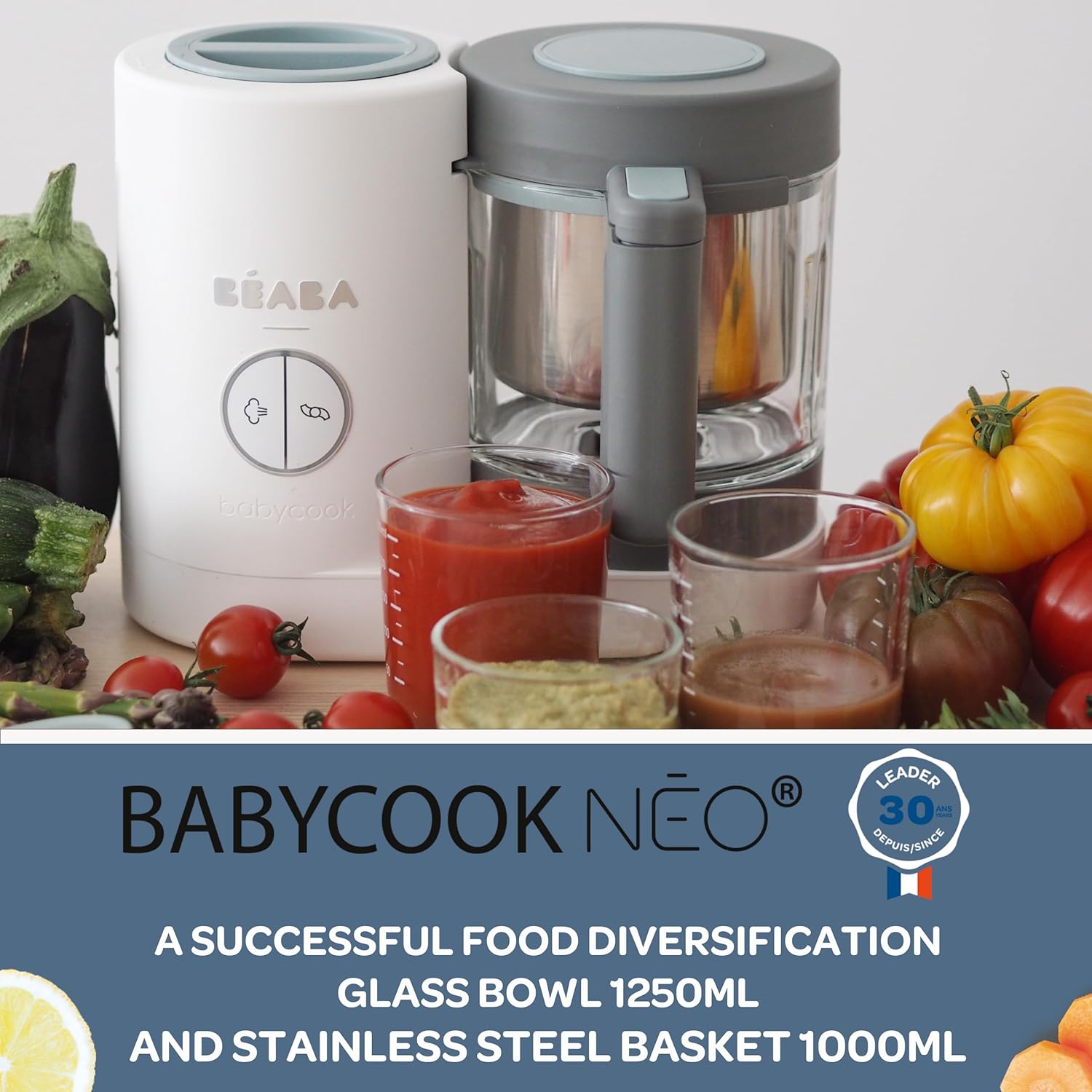 BÉABA, Babycook Neo, mikser parowy 6 w 1, robot dla niemowląt, wyprodukowany we Francji, szklana miska, zbiornik ze stali nierdzewnej, duża pojemność, dywersyfikacja żywności, małe doniczki dla