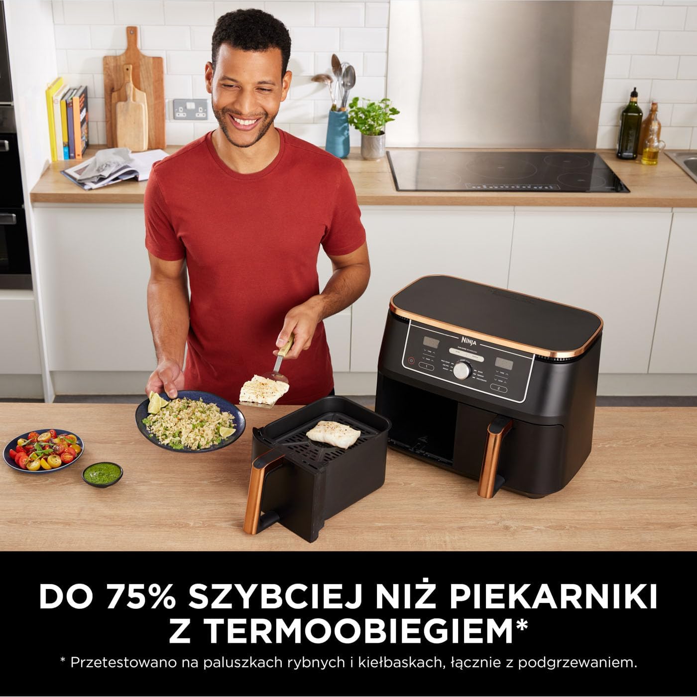 Ninja Foodi MAX Dual Zone Frytkownica beztłuszczowa z 2 szufladami, 9,5 l, kosz nieprzywierający nadaje sie do zmywarki, na 8 porcji, miedziano/czarna, 6 w 1, amazon exclusive, AF400EUCP
