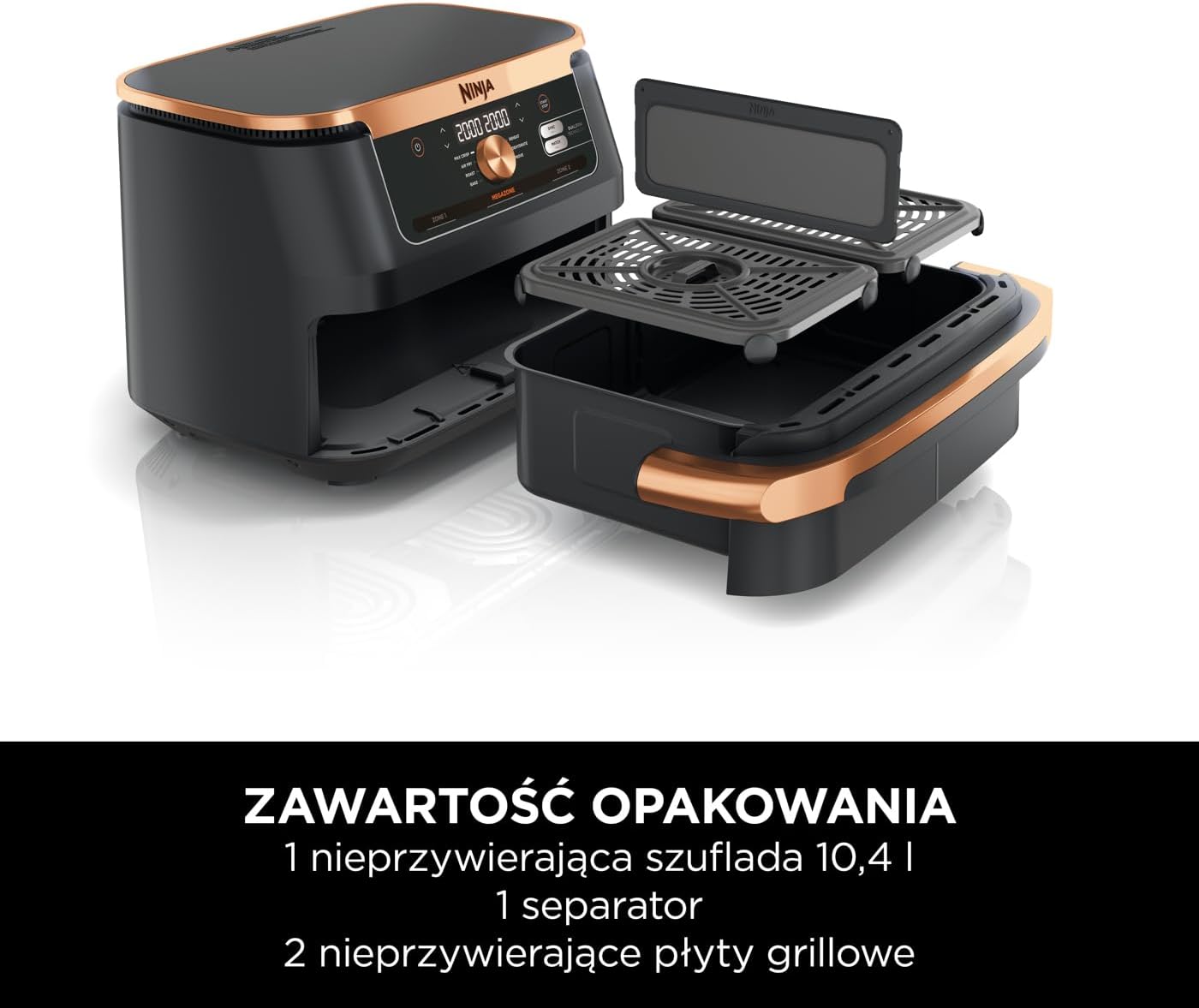 Ninja Foodi MAX Dual Zone Frytkownica beztłuszczowa z 2 szufladami, 9,5 l, kosz nieprzywierający nadaje sie do zmywarki, na 8 porcji, miedziano/czarna, 6 w 1, amazon exclusive, AF400EUCP