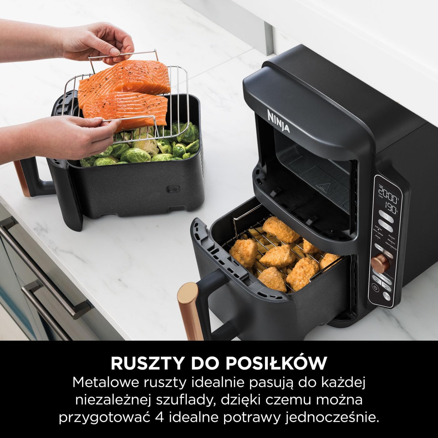 Ninja Foodi MAX Dual Zone Frytkownica beztłuszczowa z 2 szufladami, 9,5 l, kosz nieprzywierający nadaje sie do zmywarki, na 8 porcji, miedziano/czarna, 6 w 1, amazon exclusive, AF400EUCP