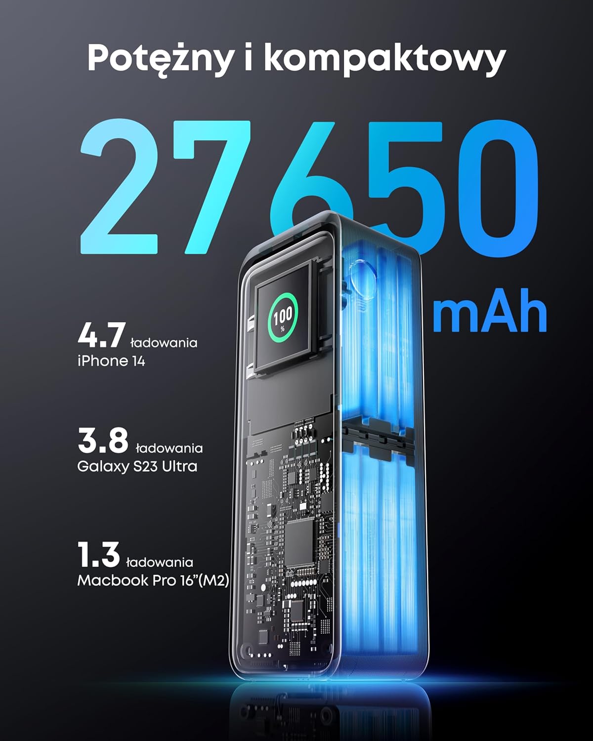 Anker Prime power bank 27650 mAh 250W w zestawie baza ładująca, szybkie ładowanie, kompaktowa przenośna ładowarka do podróży, kontrola aplikacji, kompatybilny z MacBook, iPhone, iPad i innymi