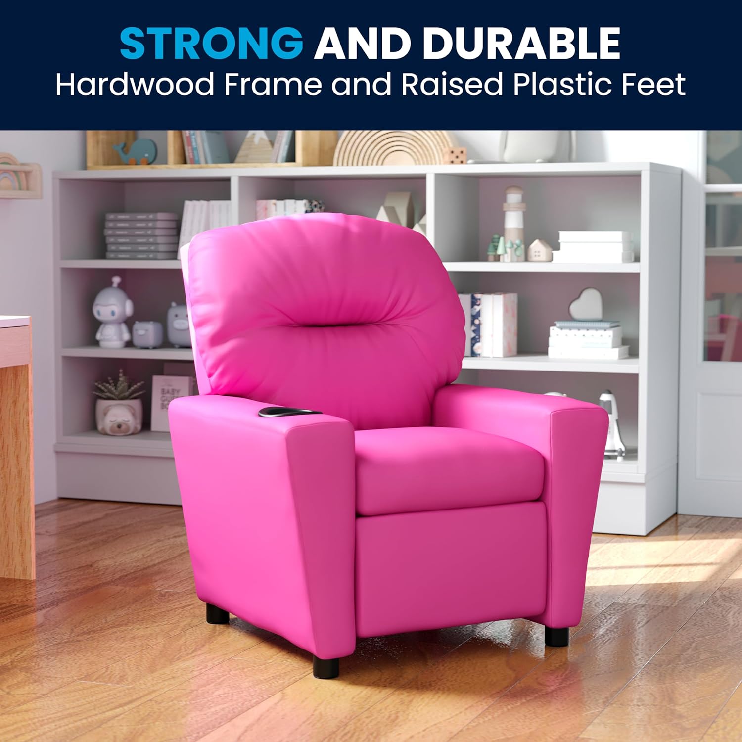 Flash Furniture Współczesny leżak dziecięcy z uchwytem na kubki, drewno, beżowy winyl, 66,04 x 53,34 x 53,34 cm