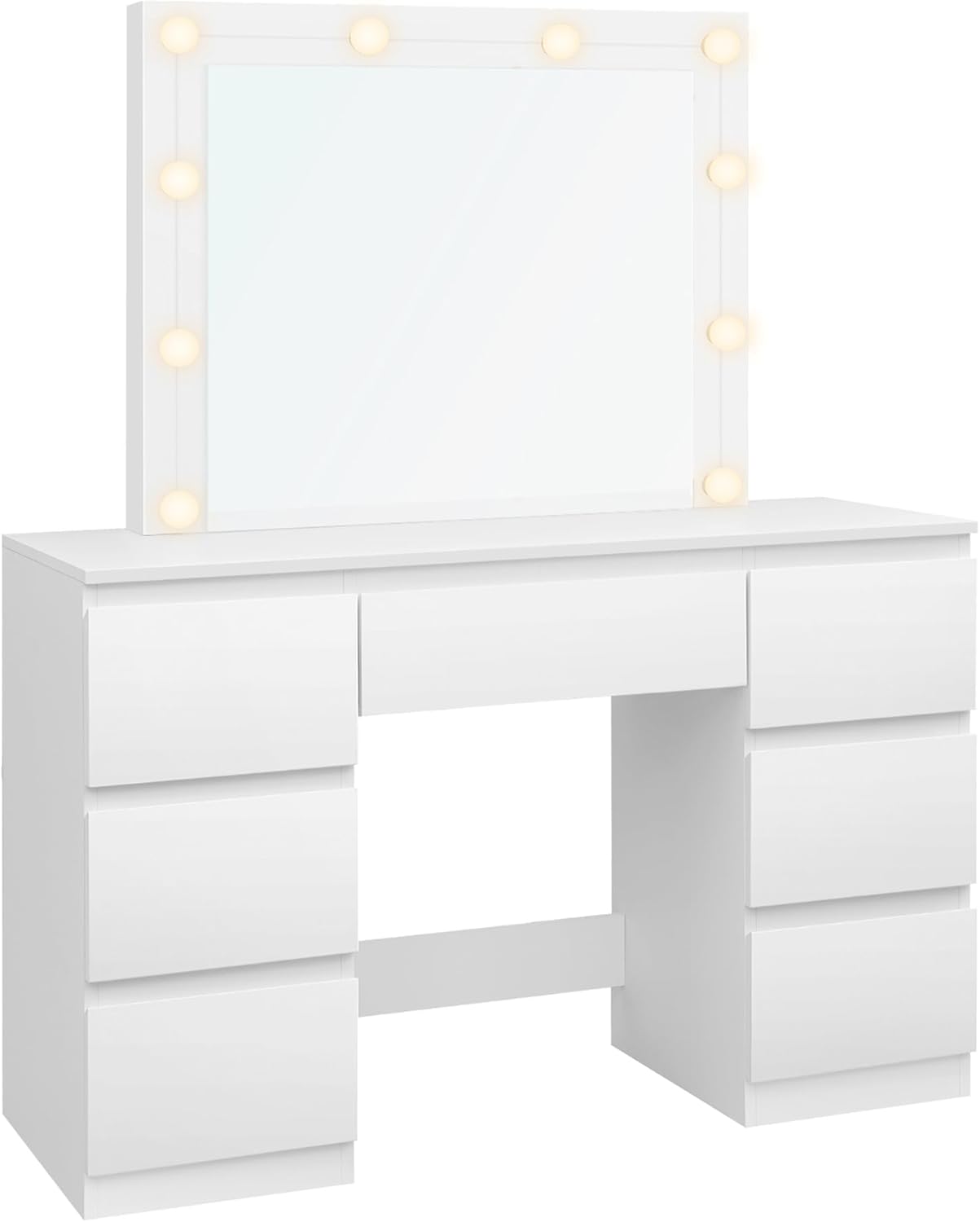 WOLTU MB6124ws Toaletka z oświetleniem i wieloma gniazdkami, toaletka z dużym lustrem LED i 7 szufladami, biurko do makijażu, 110 x 39,5 x 140,5 cm, biała nowoczesna komoda do sypialni