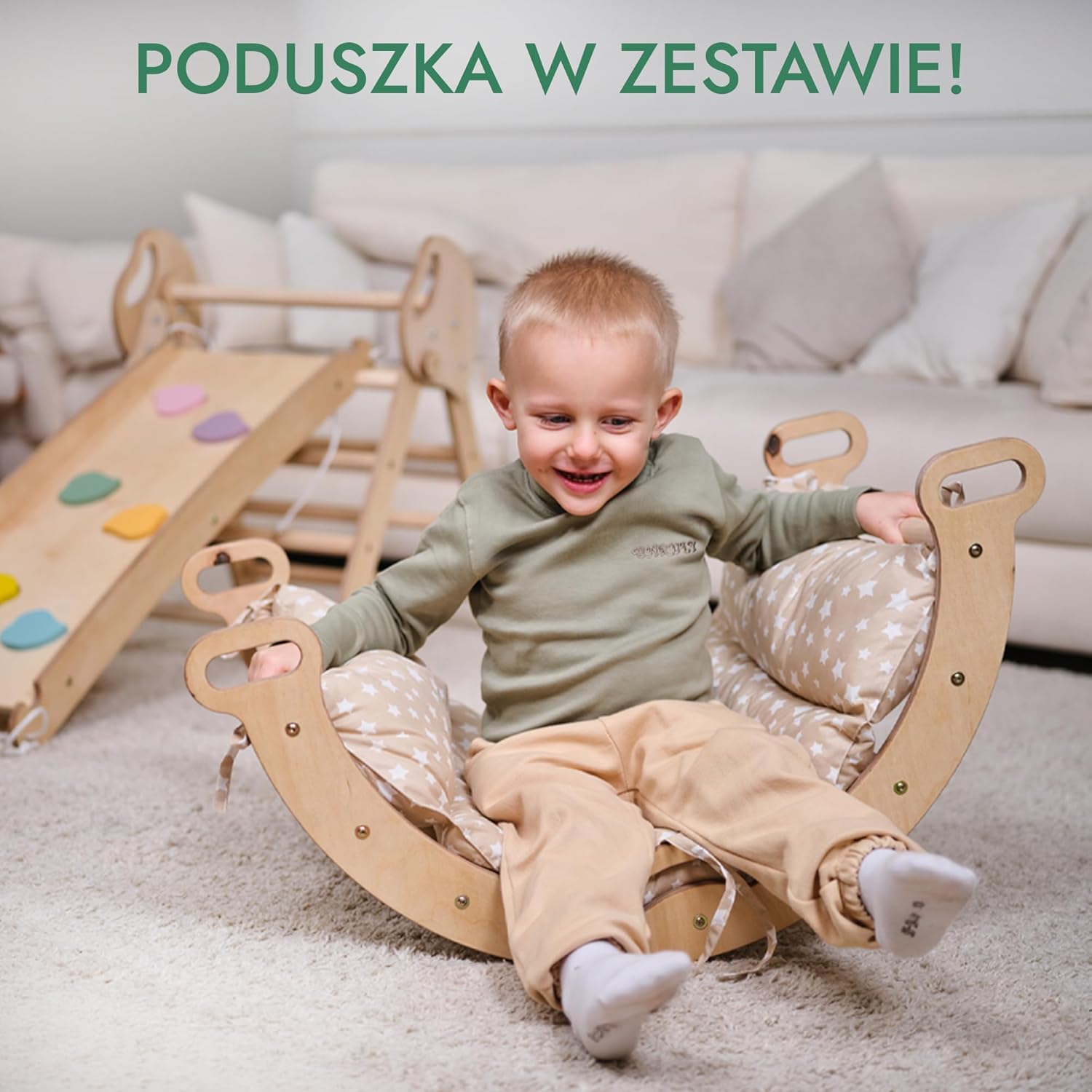 Zestaw wspinaczkowy 5 w 1 Montessori - drewniana siłownia z trójkątną drabinką i łukiem oraz rampą wspinaczkową, siatką i poduszką - rama wspinaczkowa dla maluchów w wieku 1-7 lat w rozmiarze XL