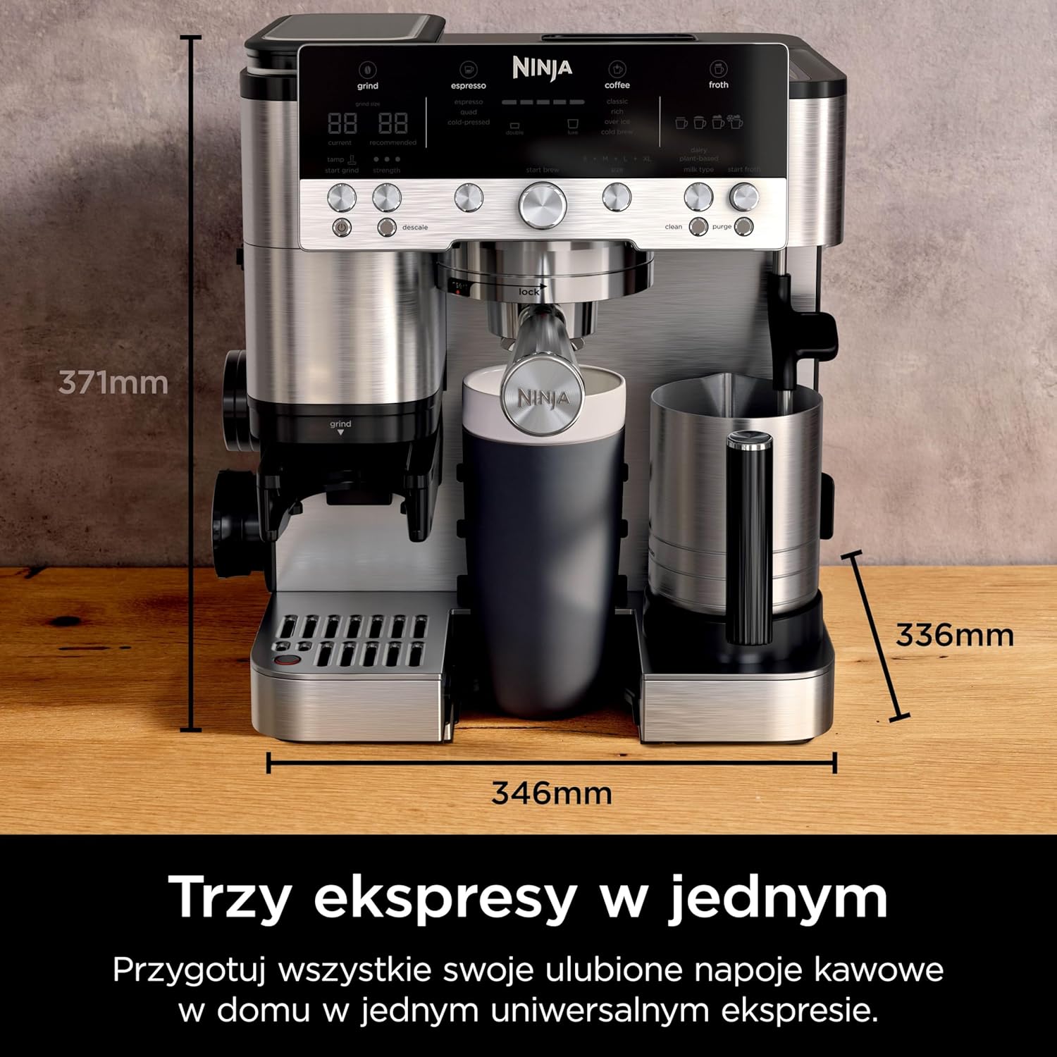 Ninja Luxe Premier Ekspres do kawy 3 w 1, latte, cappuccino, cold brew, espresso, wbudowany młynek i spieniacz do mleka, łatwy w obsłudze, 4 automatyczne ustawienia spieniania, srebrny, ES601EU