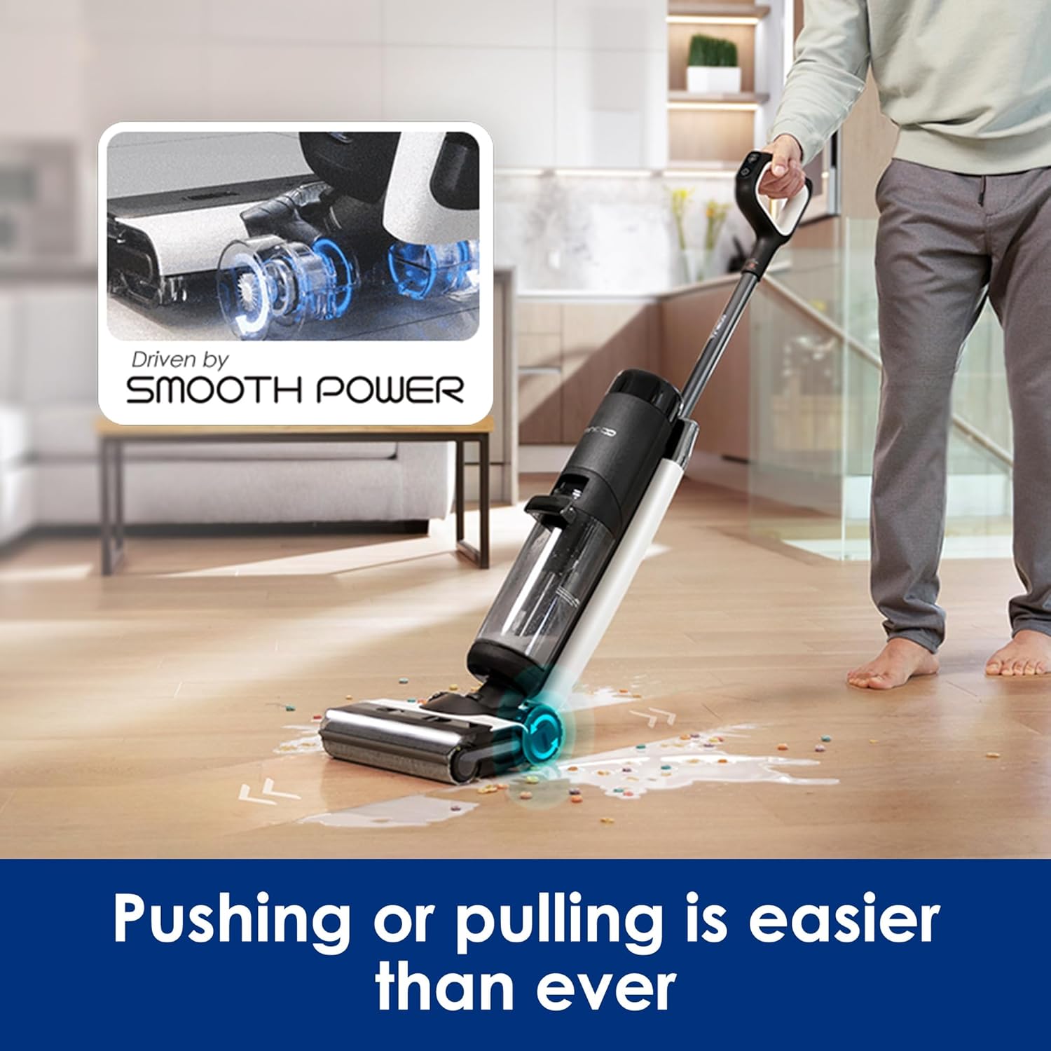 Tineco Floor ONE S7 Stretch Ultra Bezprzewodowy Odkurzacze na sucho i mokro, zapobiegająca splątaniu 180°, czas pracy 50 minut, samooczyszczanie Flashdry 85℃, dwustronne czyszczenie krawędzi