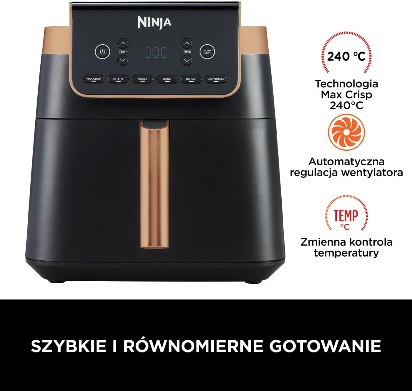 Ninja Foodi MAX Dual Zone Frytkownica beztłuszczowa z 2 szufladami, 9,5 l, kosz nieprzywierający nadaje sie do zmywarki, na 8 porcji, miedziano/czarna, 6 w 1, amazon exclusive, AF400EUCP