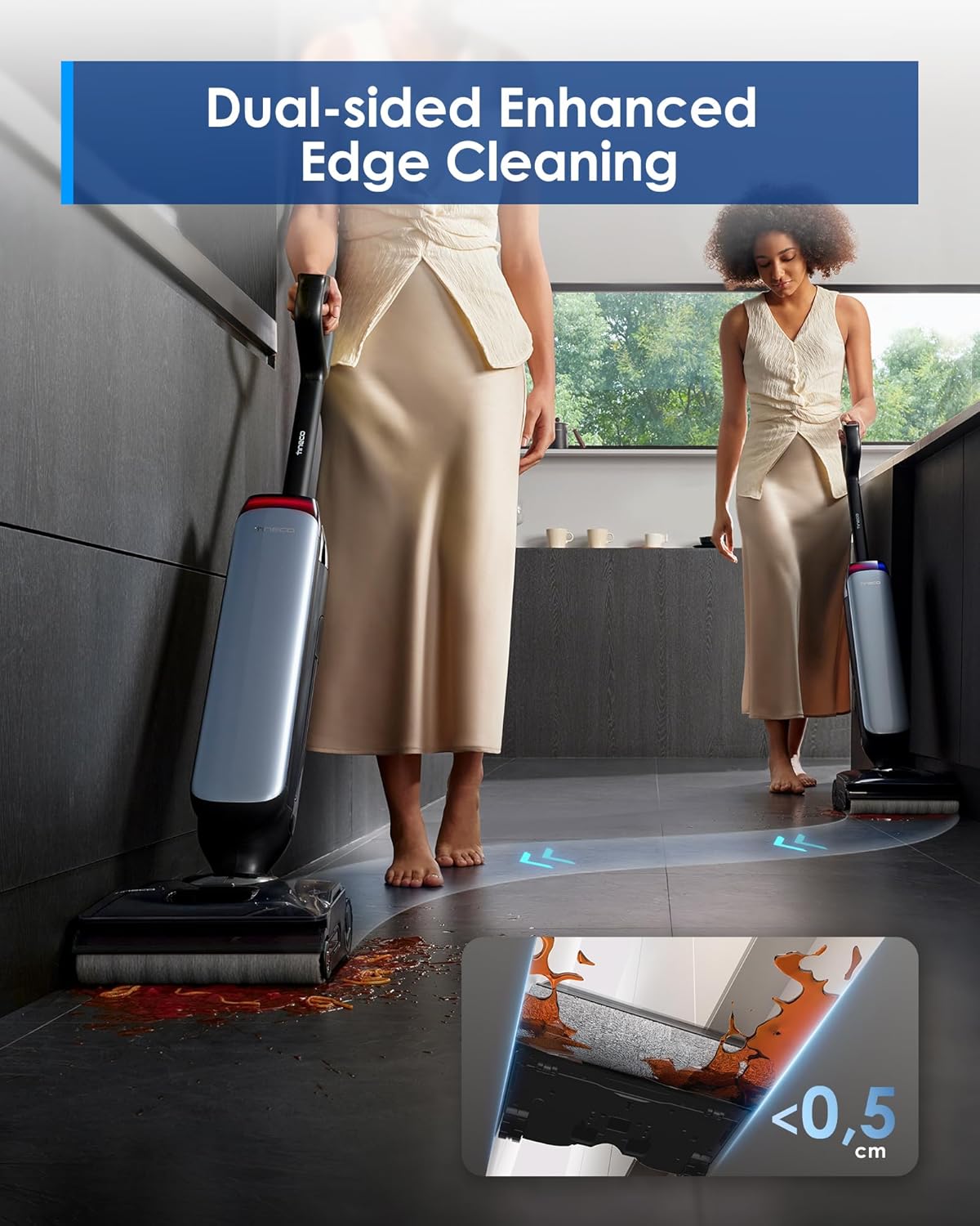 Tineco Floor ONE S7 Stretch Ultra Bezprzewodowy Odkurzacze na sucho i mokro, zapobiegająca splątaniu 180°, czas pracy 50 minut, samooczyszczanie Flashdry 85℃, dwustronne czyszczenie krawędzi