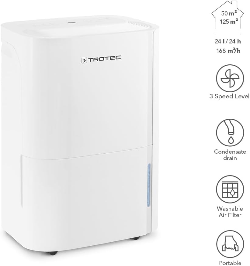 TROTEC Osuszacz powietrza elektryczny TTK 66 E – wydajność 24 L/dzień – powierzchnia 50 m² / 125 m³ – funkcja automatycznego wyłączania - do mieszkań i sypialni