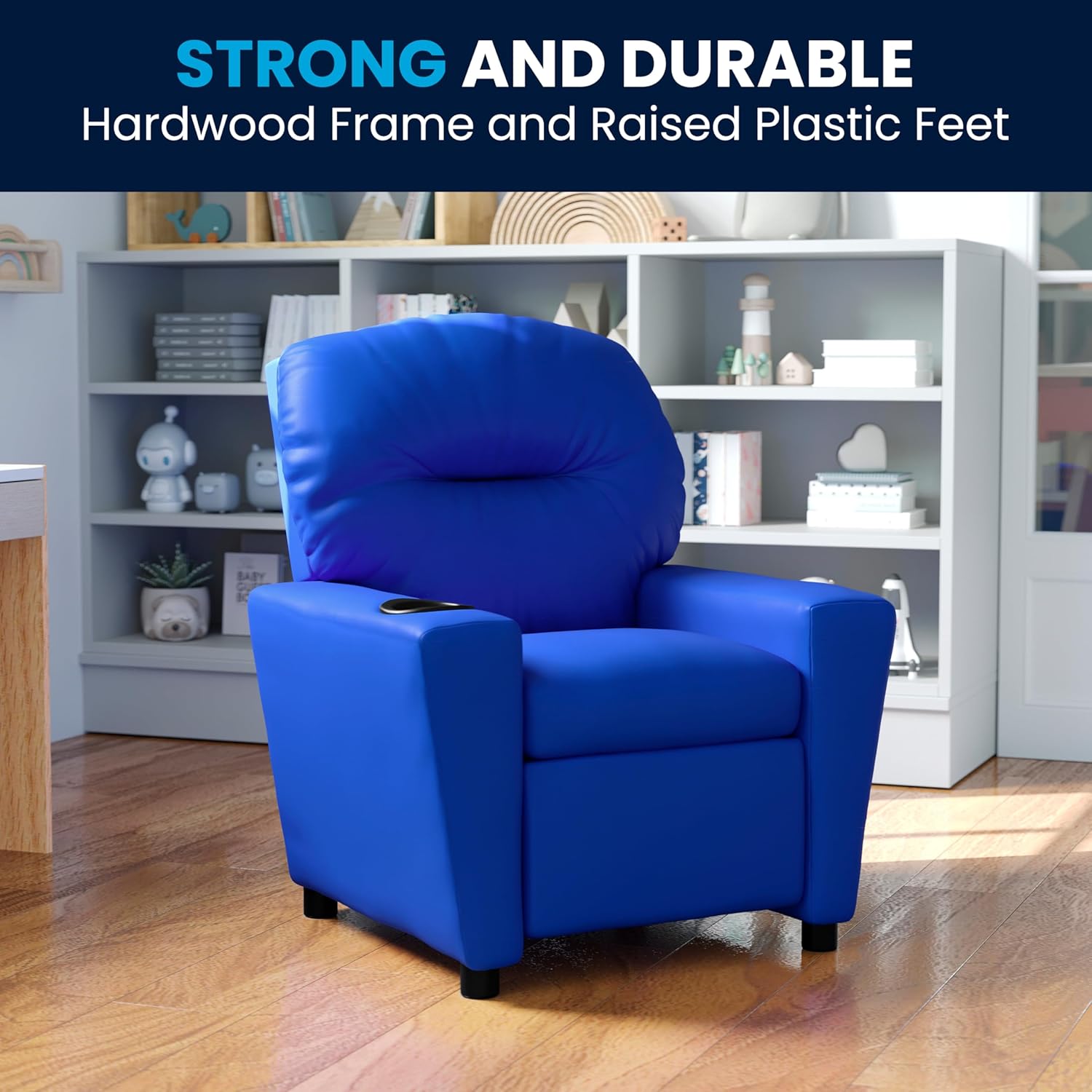 Flash Furniture Współczesny leżak dziecięcy z uchwytem na kubki, drewno, beżowy winyl, 66,04 x 53,34 x 53,34 cm