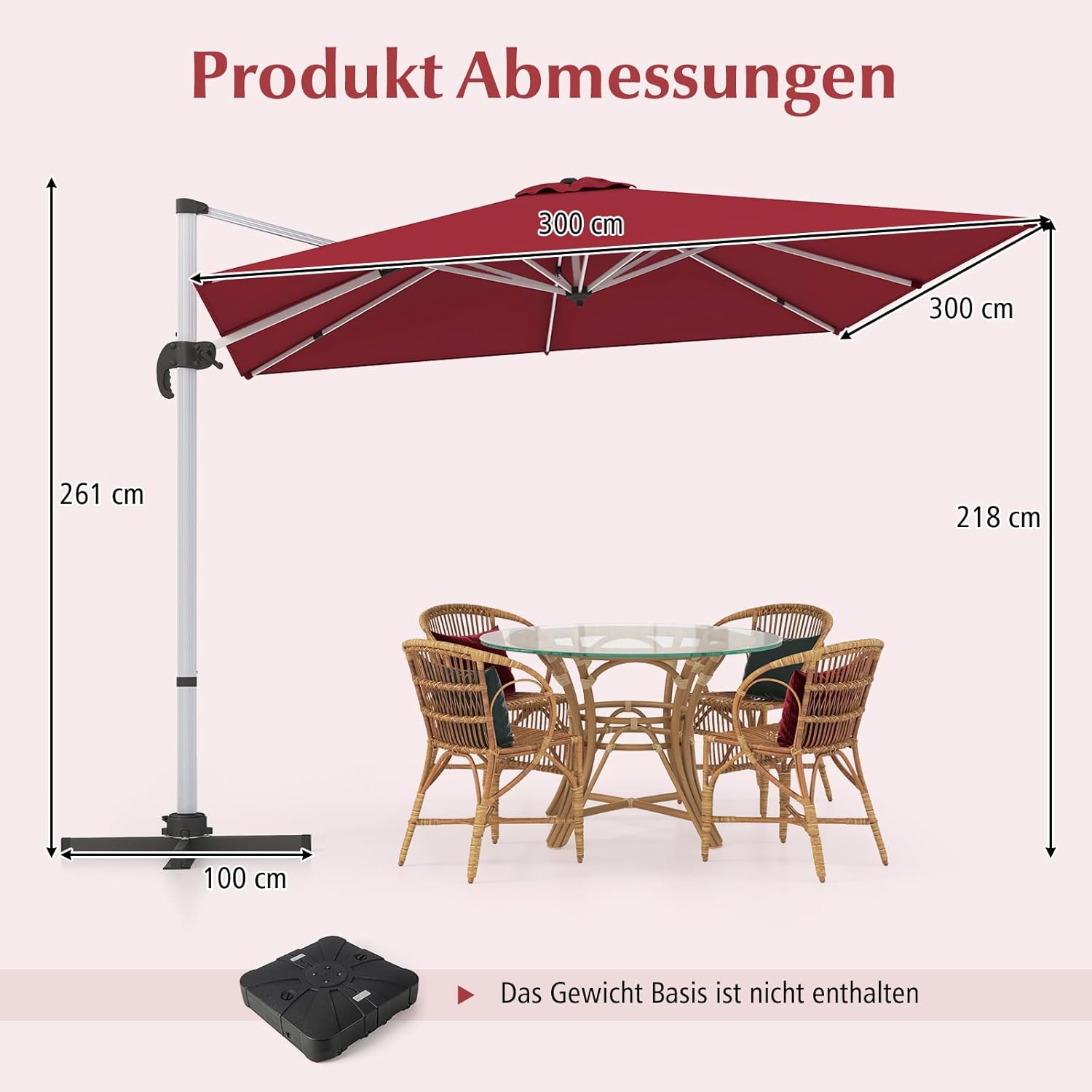 COSTWAY Parasol przeciwsłoneczny, prostokątny, 300 x 300 cm, duży parasol przeciwsłoneczny z korbą, parasol ogrodowy, odchylany o 360°, parasol tarasowy, do ogrodu, na taras, balkon (czarny)
