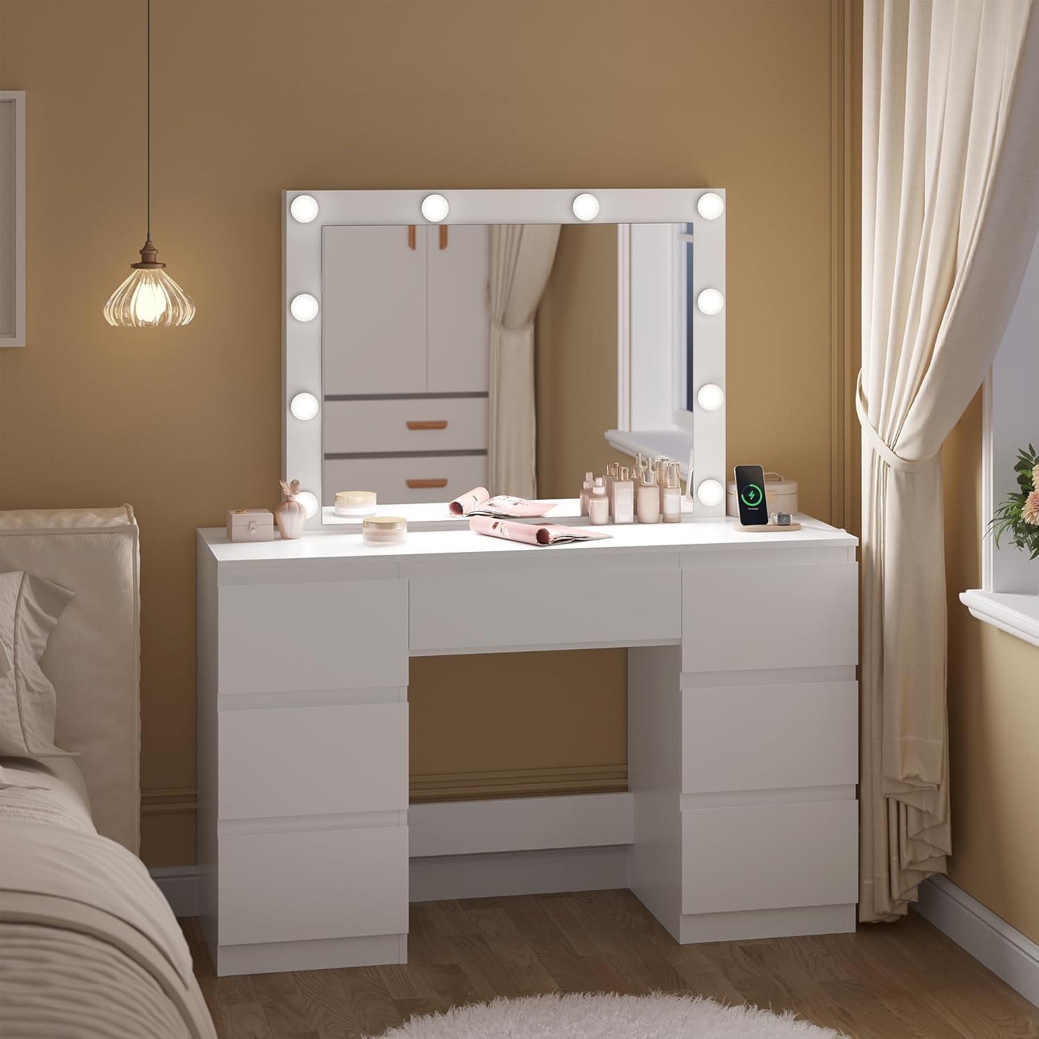 WOLTU MB6124ws Toaletka z oświetleniem i wieloma gniazdkami, toaletka z dużym lustrem LED i 7 szufladami, biurko do makijażu, 110 x 39,5 x 140,5 cm, biała nowoczesna komoda do sypialni