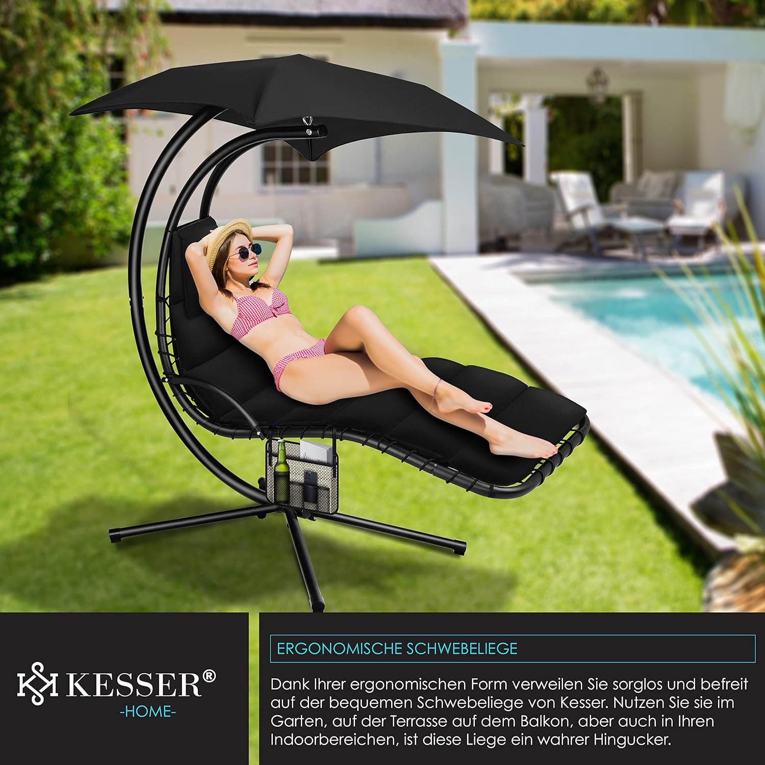 KESSER® Leżak wiszący z parasolem przeciwsłonecznym, wys. 200, dł. 194, szer. 100 cm, leżak relaksacyjny, hamak, obciążenie do 120 kg, leżanka bujana, poduszka na kark, w zestawie torba, Beżowy