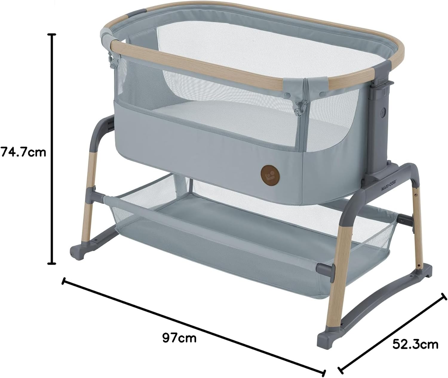Maxi-Cosi Iora Air Łóżeczko Przystawka, Siatka do okoła, 0–6 mies., maks. 9 kg, Tryb bujania, 4 Poz. Odchylenia i 5 Wysokości, Łatwe Przesuwanie, Wygodny Materac, Łatwe Przenoszenie, Beyond Grey