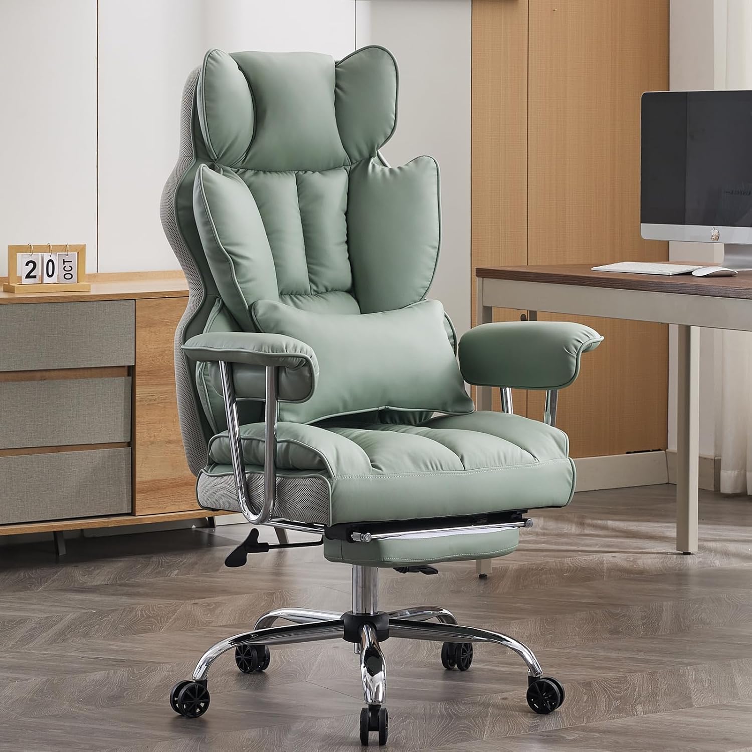 Efomao ergonomiczny fotel biurowy, krzesło kierownicze z PU skóry, fotel biurowy do 200 kg z podnóżkiem i podpórką lędźwiową, regulowane krzesło z wysokim oparciem