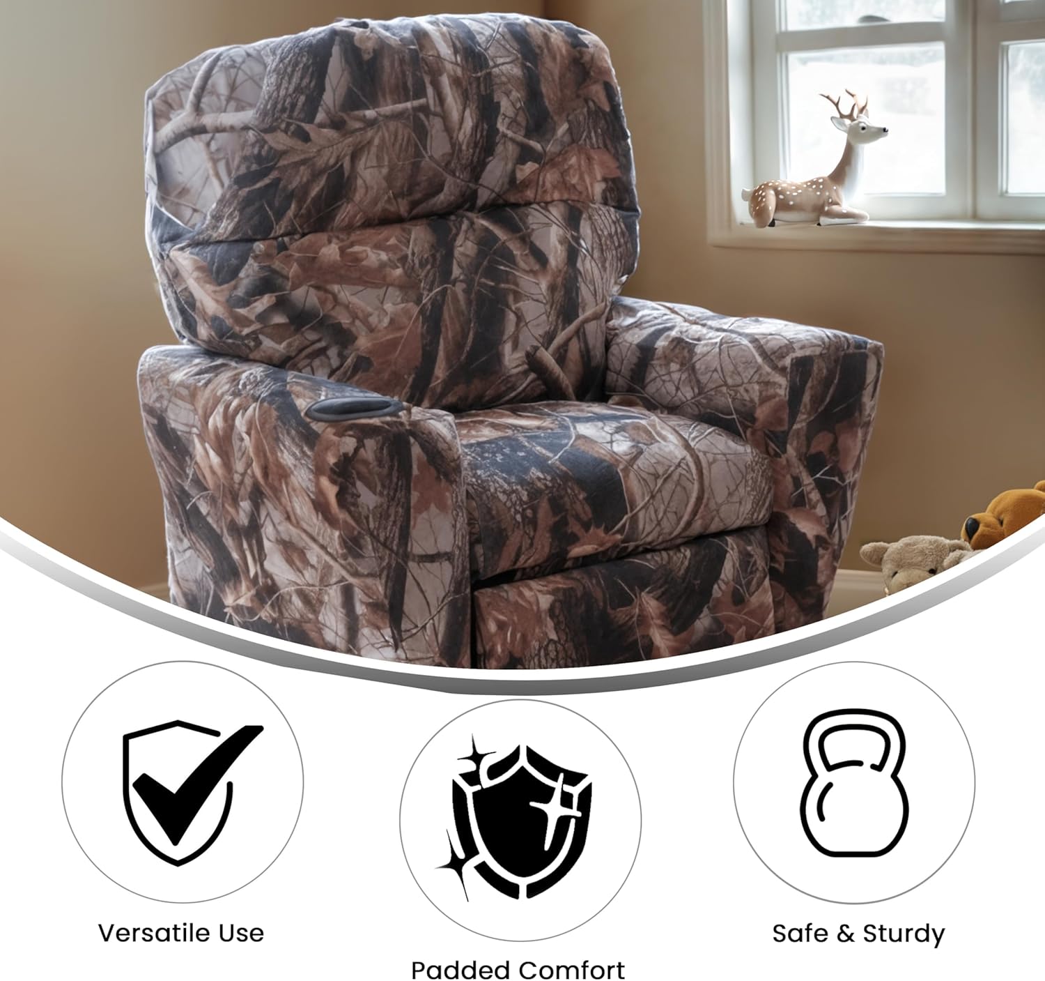 Flash Furniture Współczesny leżak dziecięcy z uchwytem na kubki, drewno, beżowy winyl, 66,04 x 53,34 x 53,34 cm