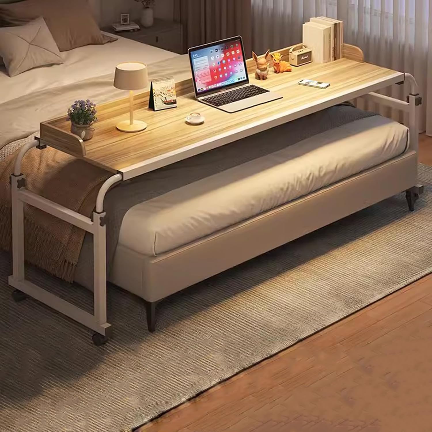 Biurko Nad Stołem, Rozciągliwy Leniwy Design Wózek Laptopa Z łóżka Z Kołami Z Kół Rolling Medical Workstation Biurko 115-210 Cm Składane Biurko(Color:drewno)