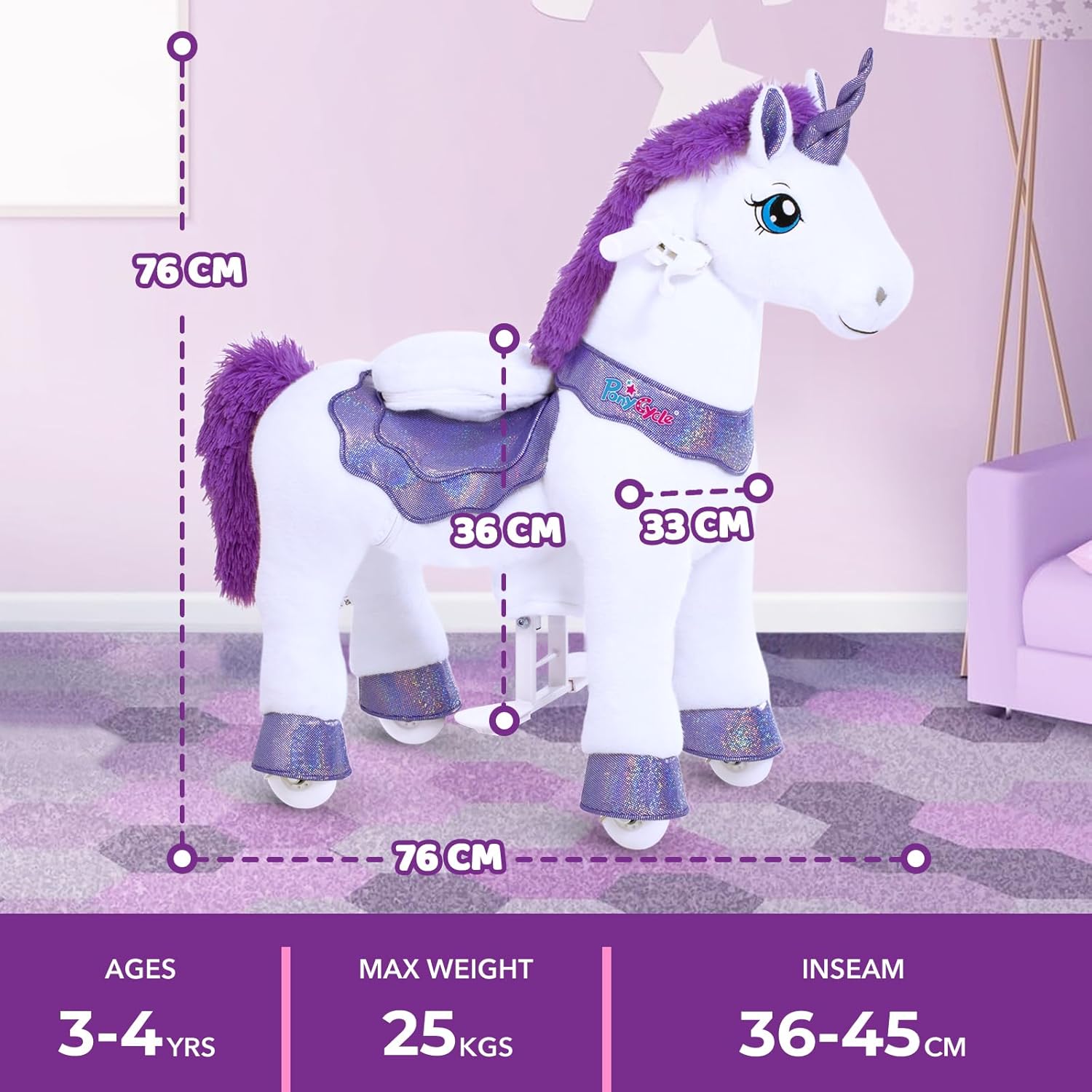 PonyCycle 2023 Nowy Model E Jednorożec do Jazdy na Mechanicznym Chodzącym Jednorożcu z Hamulcem (Fioletowy/Rozmiar 4 dla Dzieci w Wieku 4-8 Lat) Hulajnoga dla Maluchów do Jazdy na Koniu - E413