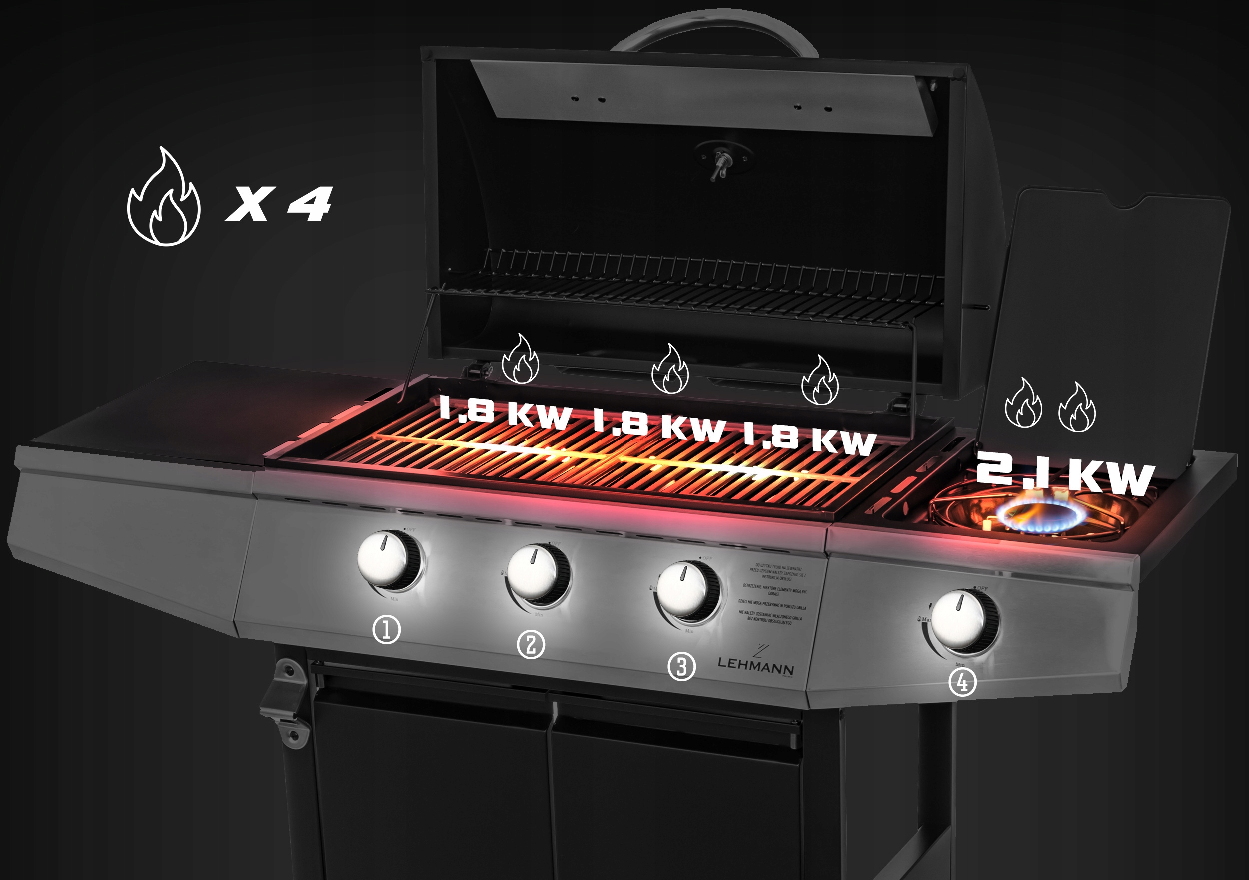 GRILL GAZOWY OGRODOWY ŻELIWNY RUSZT NIERDZEWNY LEHMANN TEXAS 3+1 POKROWIEC
