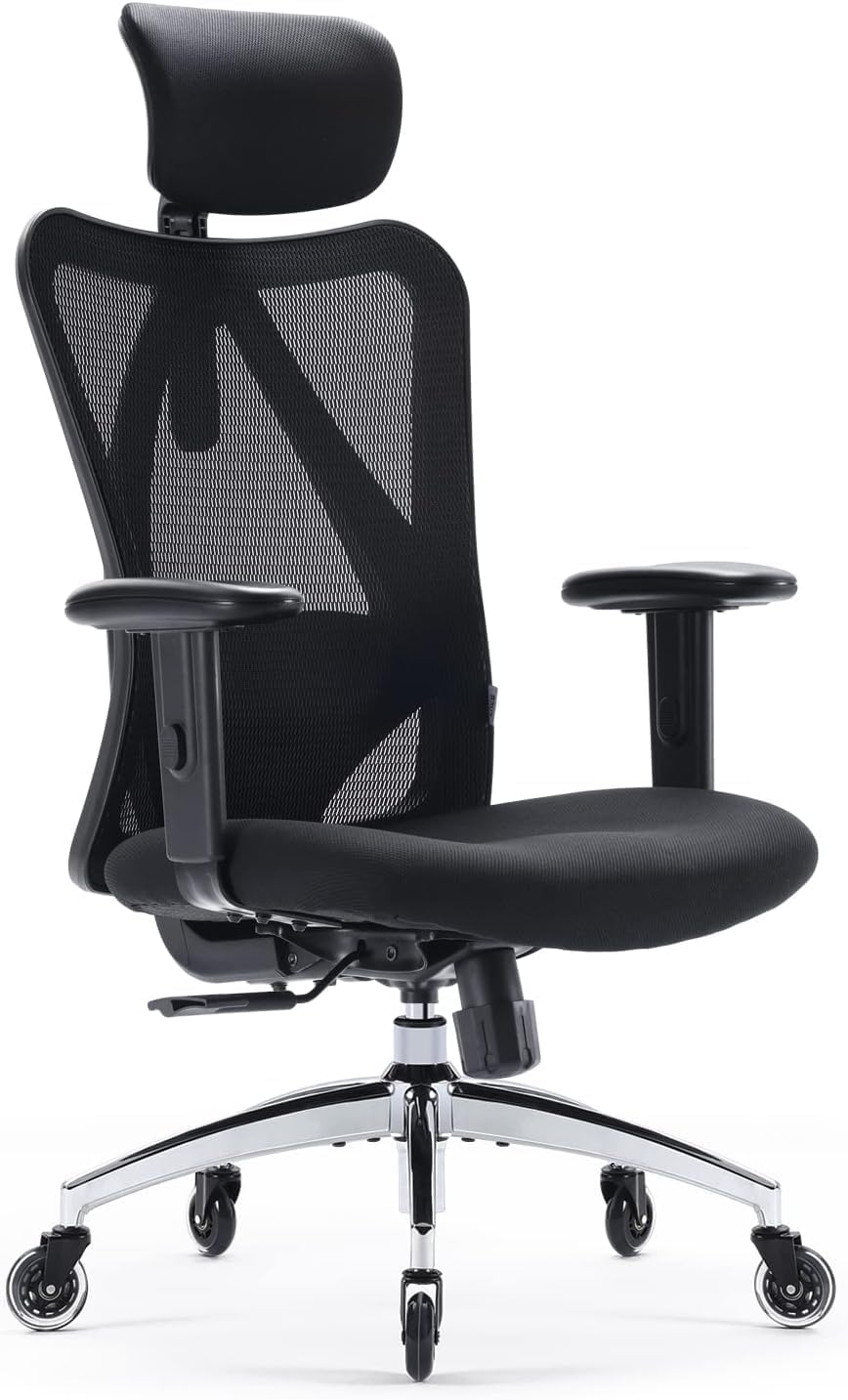 SIHOO Ergonomiczne krzesło biurowe, komputerowe krzesło biurowe z regulowanym podparciem lędźwiowym i zagłówkiem, oddychające siatkowe krzesło do gier z wygodną grubą poduszką i regulowanymi podłokietnikami, krzesło obrotowe do nauki w domu (czarne)