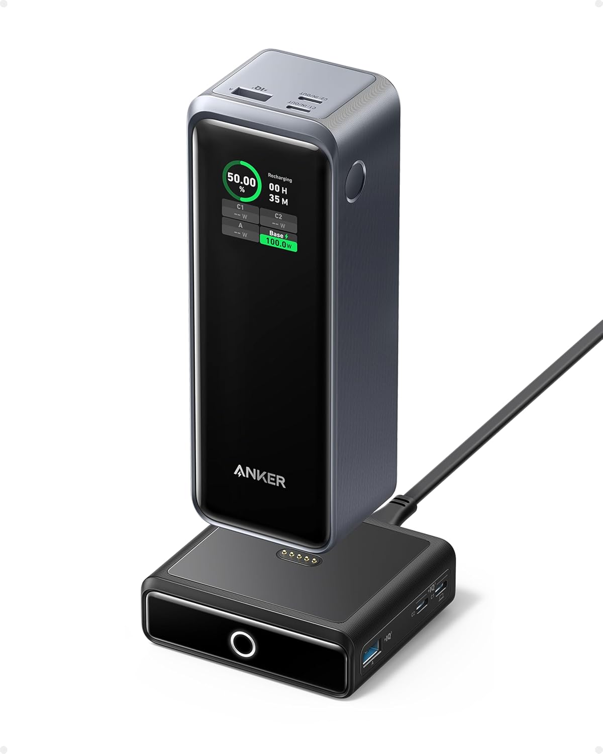 Anker Prime power bank 27650 mAh 250W w zestawie baza ładująca, szybkie ładowanie, kompaktowa przenośna ładowarka do podróży, kontrola aplikacji, kompatybilny z MacBook, iPhone, iPad i innymi