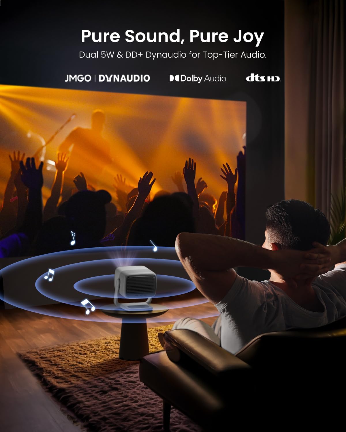 JMGO N1 Projektor, 1080P 3D Mini Full HD, przenośny projektor z potrójnym laserem 750 ISO lumenów, automatyczna korekcja obrazu z gimbalem, 2 głośniki Dynaudio 5 W, Android TV 11.0