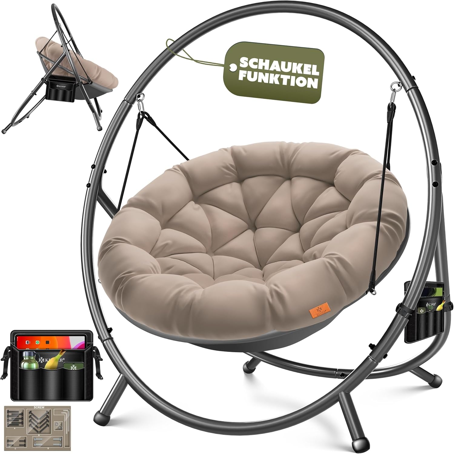 KESSER® Fotel wiszący ze stalowym stelażem, huśtawka, do 150 kg, do użytku wewnątrz i na zewnątrz, z poduszką i kieszenią boczną, kosz wiszący, piankowa poduszka, idealny do salonu i ogrodu