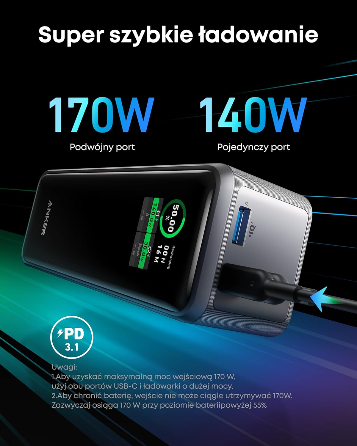 Anker Prime power bank 27650 mAh 250W w zestawie baza ładująca, szybkie ładowanie, kompaktowa przenośna ładowarka do podróży, kontrola aplikacji, kompatybilny z MacBook, iPhone, iPad i innymi