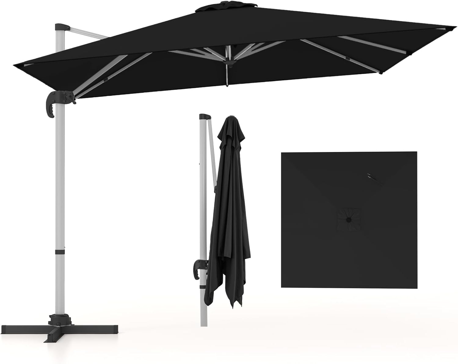 COSTWAY Parasol przeciwsłoneczny, prostokątny, 300 x 300 cm, duży parasol przeciwsłoneczny z korbą, parasol ogrodowy, odchylany o 360°, parasol tarasowy, do ogrodu, na taras, balkon (czarny)