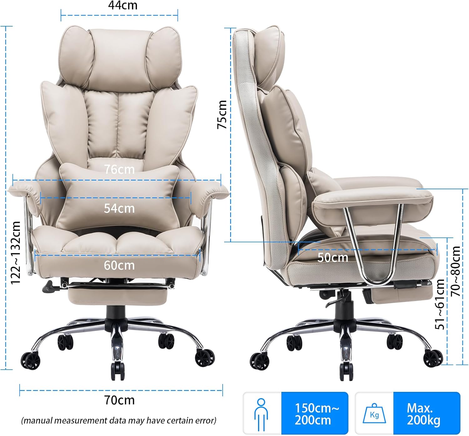 Efomao ergonomiczny fotel biurowy, krzesło kierownicze z PU skóry, fotel biurowy do 200 kg z podnóżkiem i podpórką lędźwiową, regulowane krzesło z wysokim oparciem