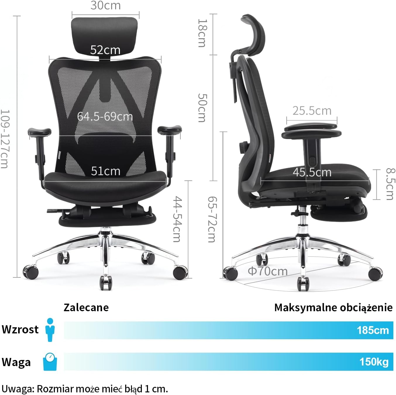 SIHOO Ergonomiczne krzesło biurowe, komputerowe krzesło biurowe z regulowanym podparciem lędźwiowym i zagłówkiem, oddychające siatkowe krzesło do gier z wygodną grubą poduszką i regulowanymi podłokietnikami, krzesło obrotowe do nauki w domu (czarne)