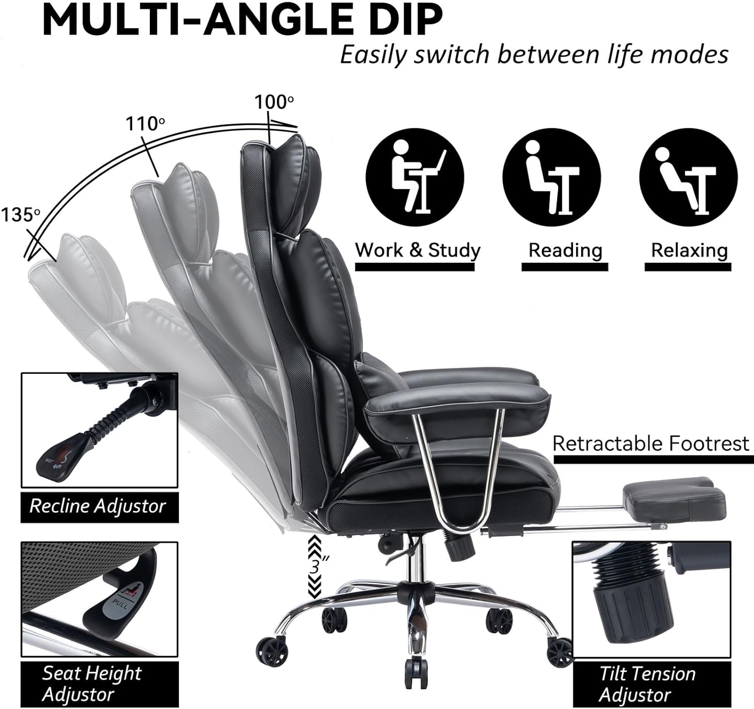 Efomao ergonomiczny fotel biurowy, krzesło kierownicze z PU skóry, fotel biurowy do 200 kg z podnóżkiem i podpórką lędźwiową, regulowane krzesło z wysokim oparciem