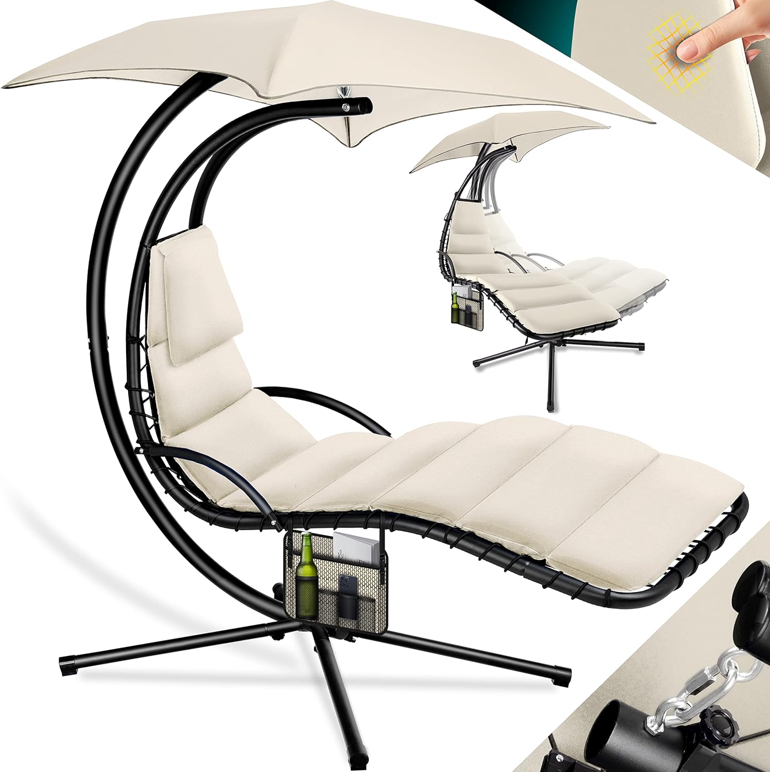 KESSER® Leżak wiszący z parasolem przeciwsłonecznym, wys. 200, dł. 194, szer. 100 cm, leżak relaksacyjny, hamak, obciążenie do 120 kg, leżanka bujana, poduszka na kark, w zestawie torba, Beżowy