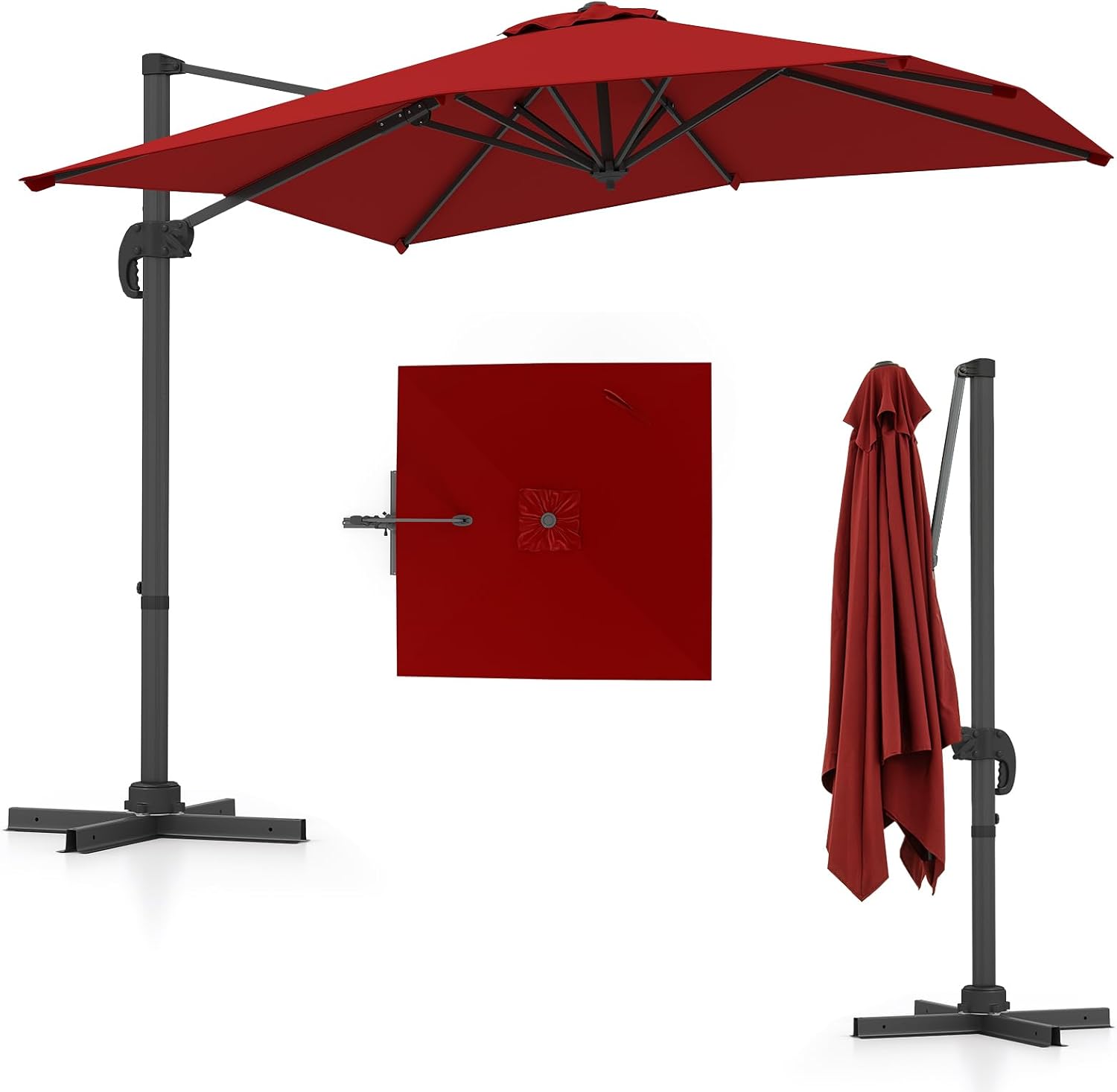 COSTWAY Parasol przeciwsłoneczny, prostokątny, 300 x 300 cm, duży parasol przeciwsłoneczny z korbą, parasol ogrodowy, odchylany o 360°, parasol tarasowy, do ogrodu, na taras, balkon (czarny)