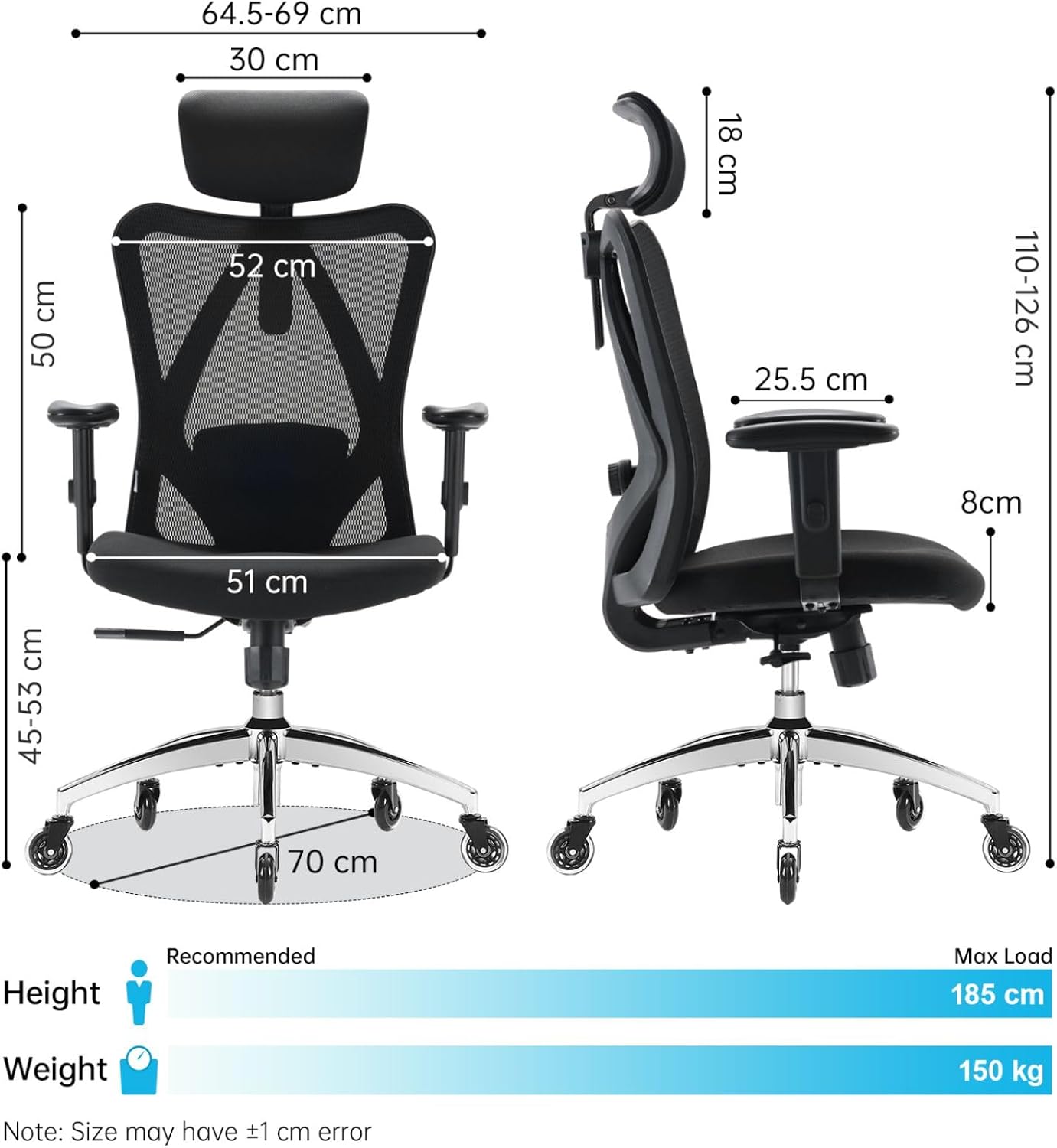 SIHOO Ergonomiczne krzesło biurowe, komputerowe krzesło biurowe z regulowanym podparciem lędźwiowym i zagłówkiem, oddychające siatkowe krzesło do gier z wygodną grubą poduszką i regulowanymi podłokietnikami, krzesło obrotowe do nauki w domu (czarne)