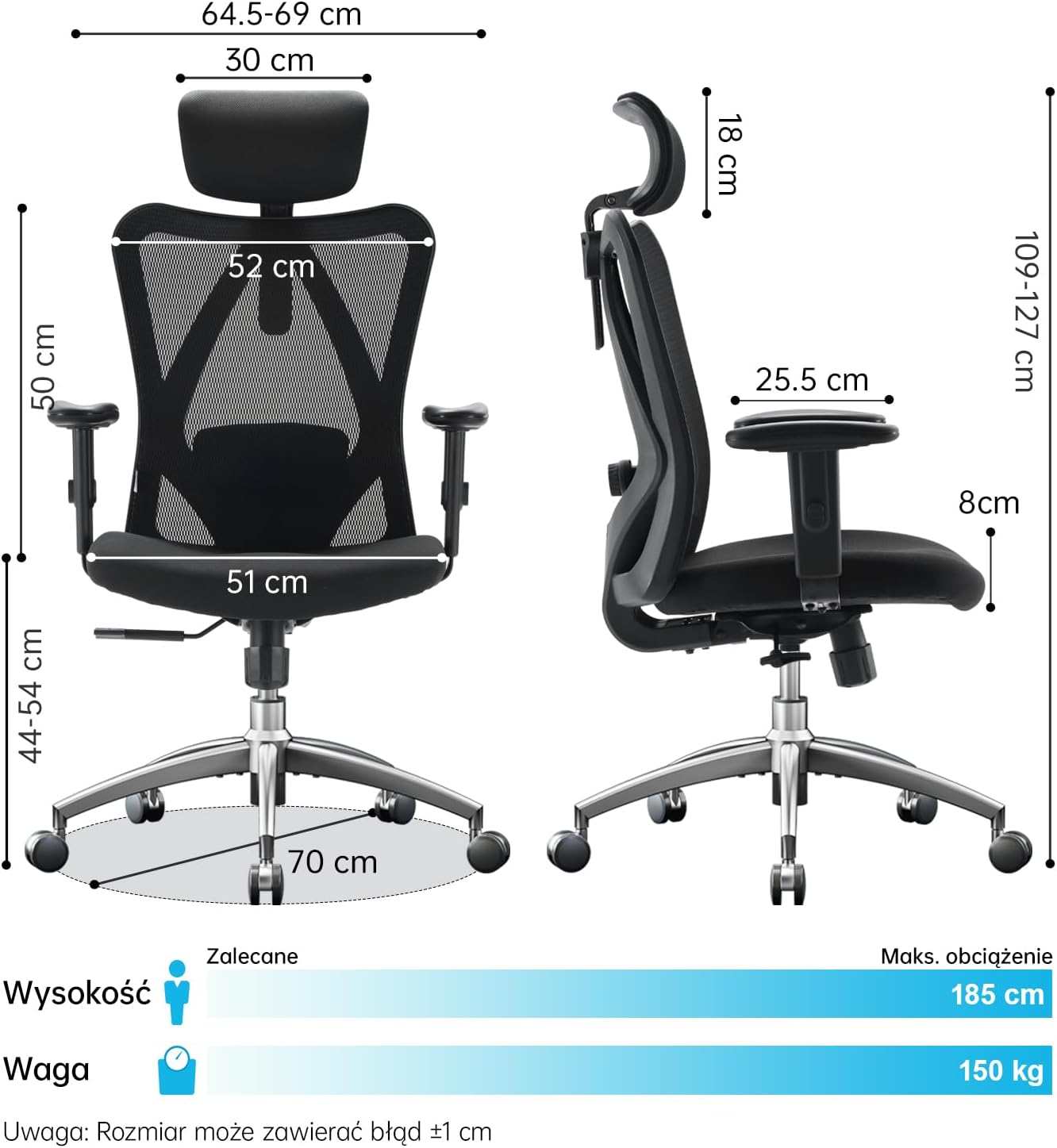 SIHOO Ergonomiczne krzesło biurowe, komputerowe krzesło biurowe z regulowanym podparciem lędźwiowym i zagłówkiem, oddychające siatkowe krzesło do gier z wygodną grubą poduszką i regulowanymi podłokietnikami, krzesło obrotowe do nauki w domu (czarne)