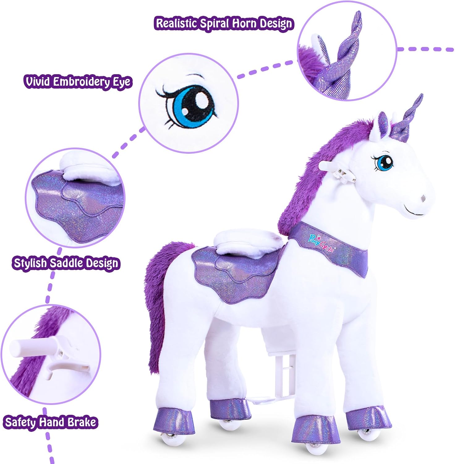 PonyCycle 2023 Nowy Model E Jednorożec do Jazdy na Mechanicznym Chodzącym Jednorożcu z Hamulcem (Fioletowy/Rozmiar 4 dla Dzieci w Wieku 4-8 Lat) Hulajnoga dla Maluchów do Jazdy na Koniu - E413