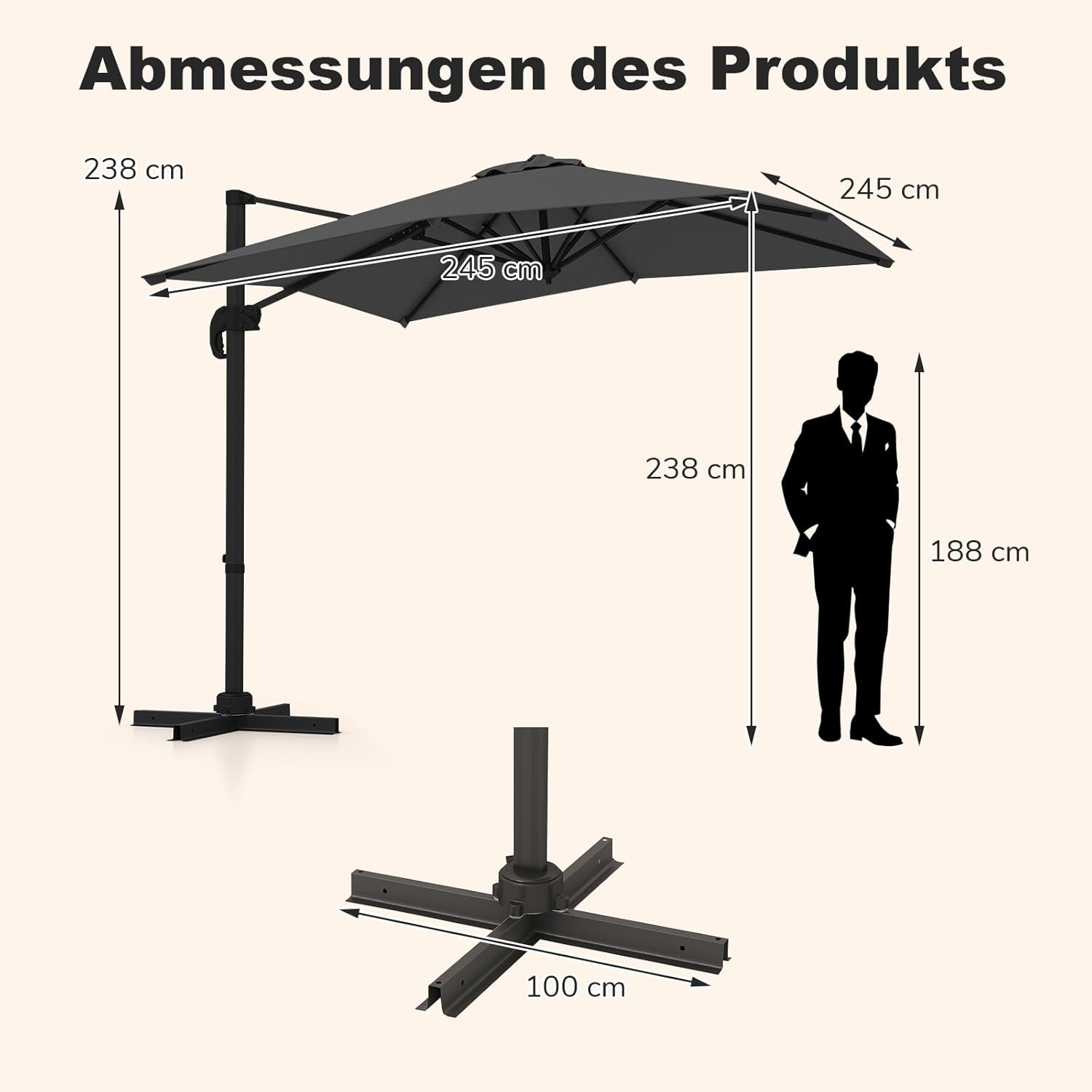 COSTWAY Parasol przeciwsłoneczny, prostokątny, 300 x 300 cm, duży parasol przeciwsłoneczny z korbą, parasol ogrodowy, odchylany o 360°, parasol tarasowy, do ogrodu, na taras, balkon (czarny)