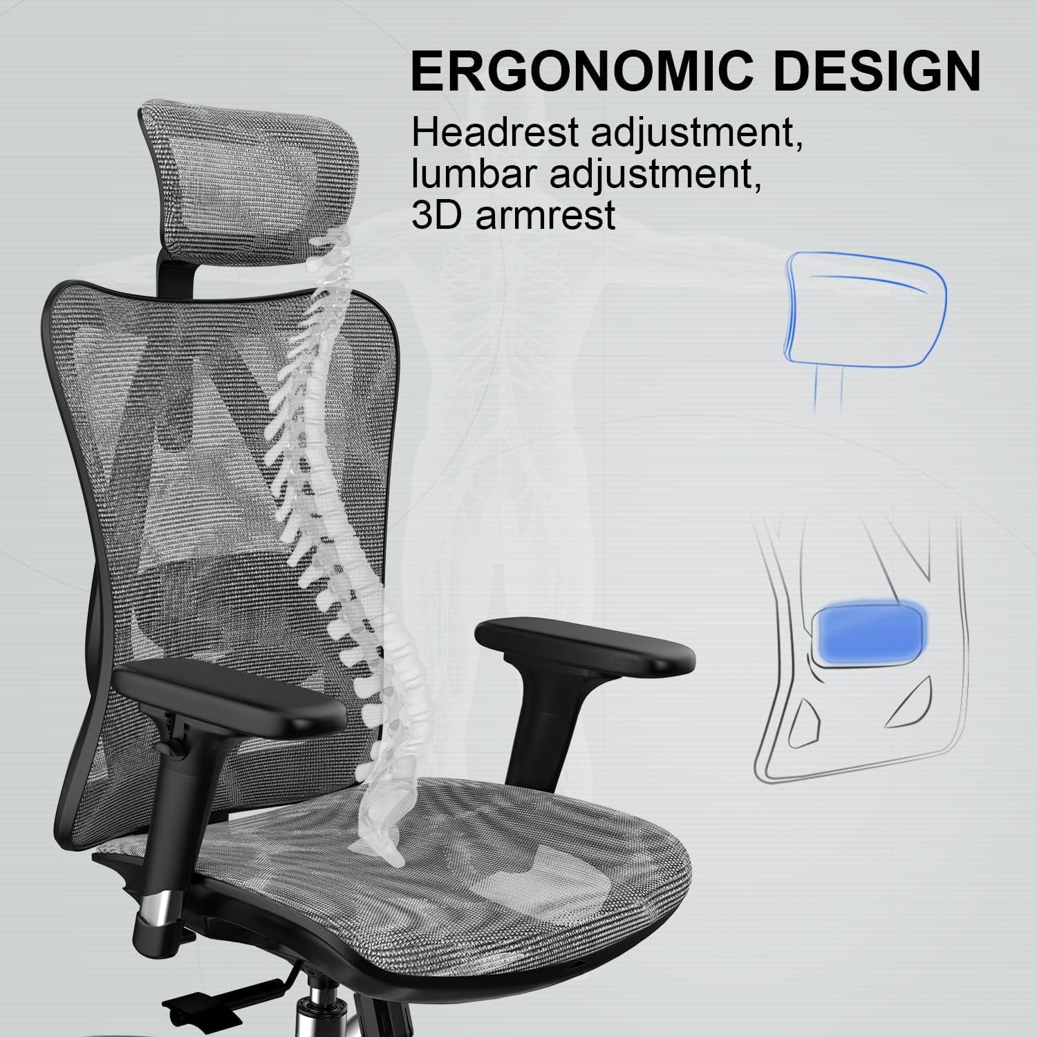 SIHOO Ergonomiczne krzesło biurowe, siatkowe, z regulowanym podparciem lędźwiowym, podłokietniki 3D, oddychające, wysokie oparcie, krzesło komputerowe, jasnoszare