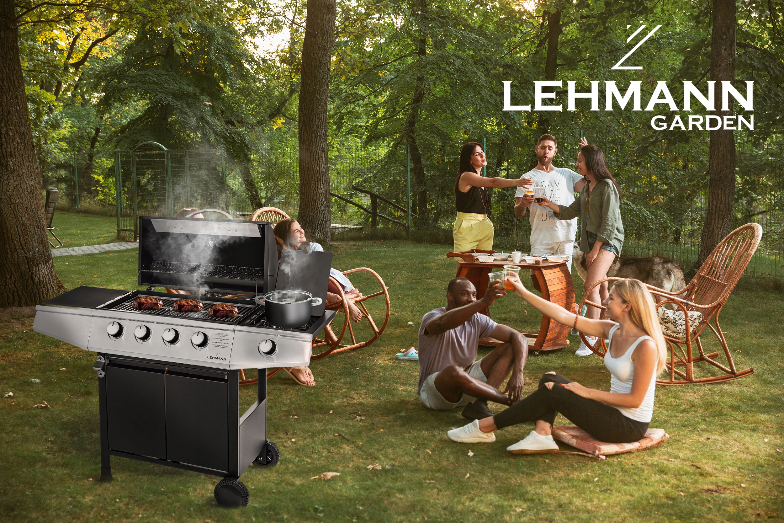 GRILL GAZOWY OGRODOWY ŻELIWNY RUSZT NIERDZEWNY LEHMANN OHIO 4+1 POKROWIEC