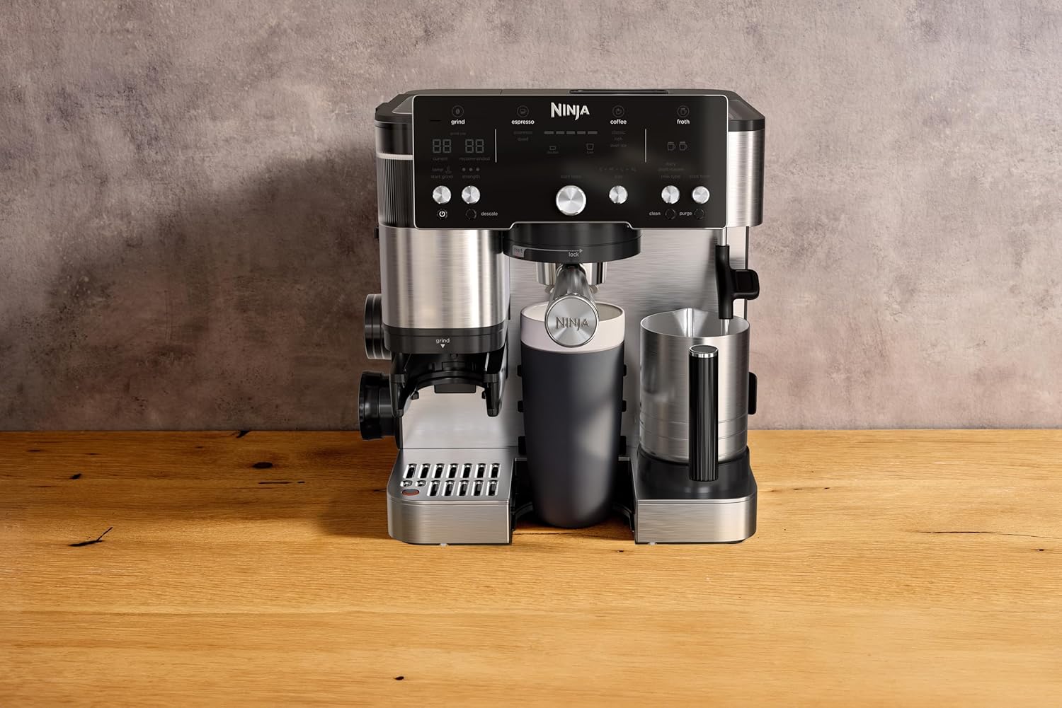 Ninja Luxe Premier Ekspres do kawy 3 w 1, latte, cappuccino, cold brew, espresso, wbudowany młynek i spieniacz do mleka, łatwy w obsłudze, 4 automatyczne ustawienia spieniania, srebrny, ES601EU